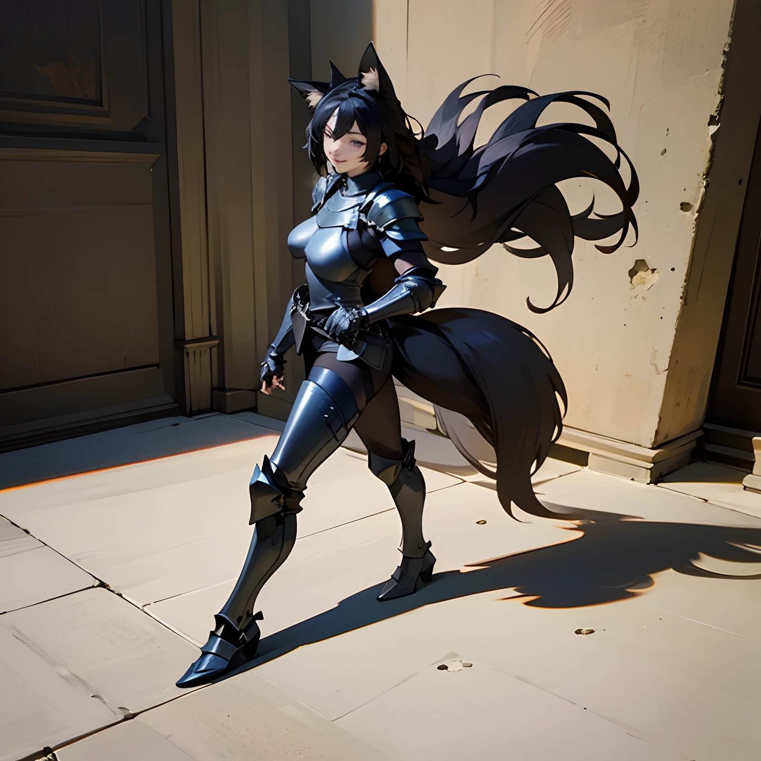 ((masterpiece)),((high resolution)),((best quality)),extremely fine and beautiful, super fine illustration, beautiful detailed girl, supple breasts, front view, facing at viewer, black hair, (Happy:1.4), (see-through:0.0), covered, (covered breasts), (covered legs), ((full body armor)), hair covering breasts, black hair, (very long hair), fox ears, blue eyes, profile, (((leather armor))), (((dark voluminous fox tail))), medium-large breasts, muscular, bright smile, dark, movie lighting, perfect shadow, realistic lighting shaded, (walking), fantasy dungeon scenery