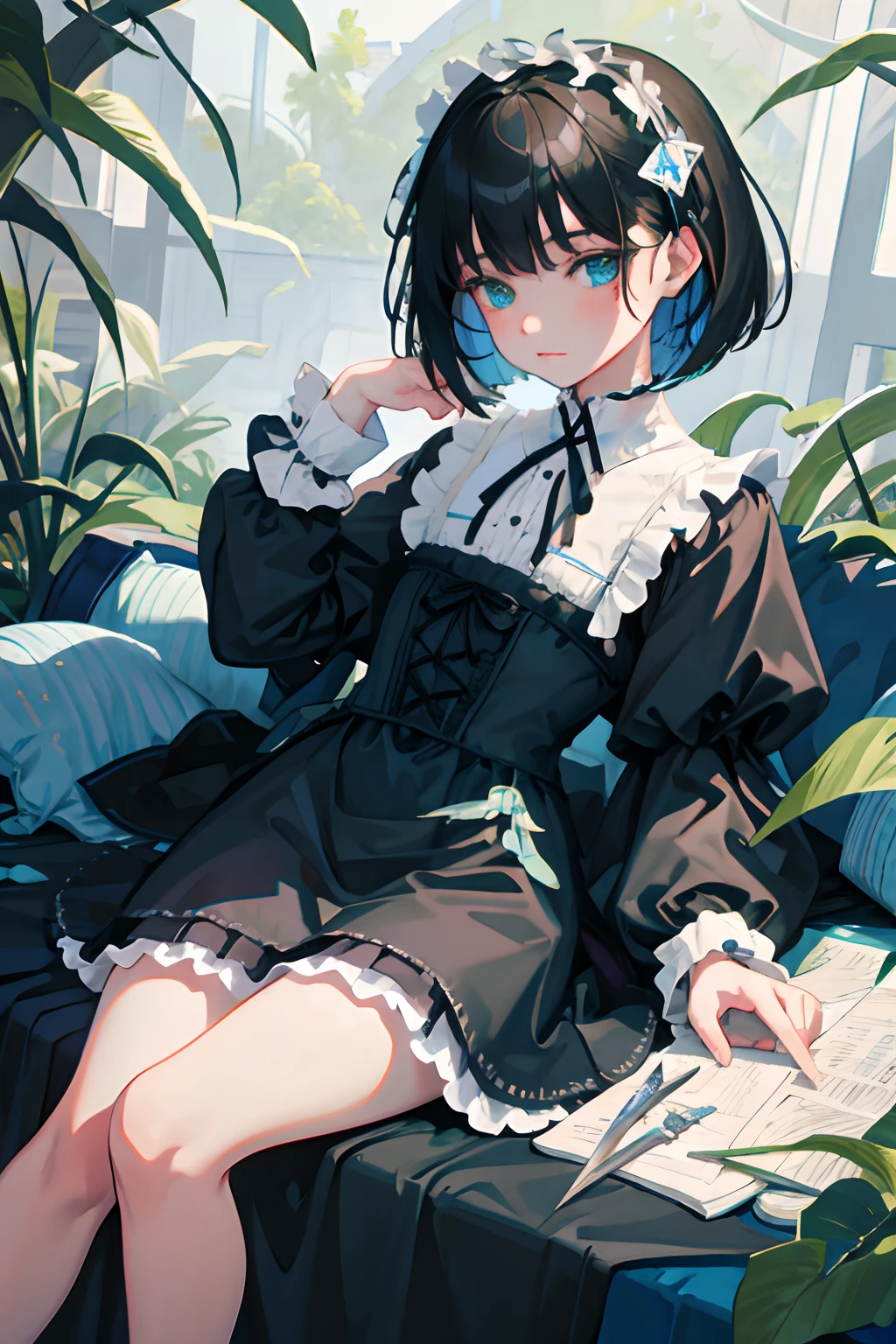 hand between legs，child，（​masterpiece，Highest Quality），shortsleeves，Blue-green Gothic Lolita，Sleepy face，A dark-haired，Medium bob，utility knife，Small scissors，Artistically