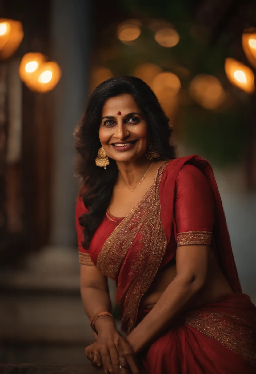 (Full body portrait:1.2),(((Sharpen))), market, RAW, 8k, hard light, realistic skin texture, (((photorealism)), closeup, there is a woman, she is fifty years old, looking like indian aunty, she is very beautiful, smiling face, westren lingire  outfit, sexy, nfsw