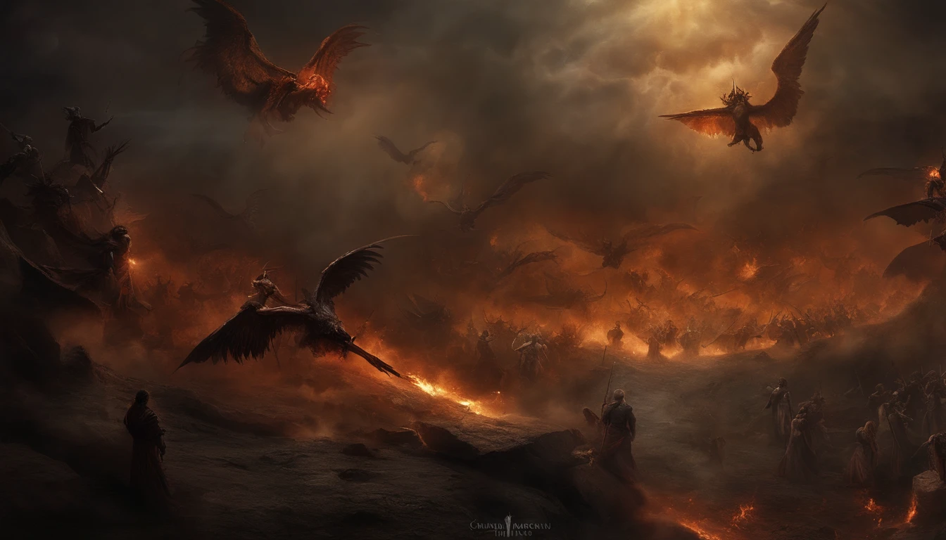 It composes a nightmarish battlefield where angels and demons engage in a fierce and apocalyptic battle. Convey the chaos and brutality of this celestial confrontation in vivid and disturbing detail. It shows angels radiating a sky, Ethereal light as they fiercely fight the menacing, Grotesque Demons. A atmosfera deve ser permeada de medo e pavor., as the two opposing forces engage in a battle that blurs the lines between salvation and damnation.. Bring out the horror in this epic showdown, making it a truly haunting and unforgettable spectacle