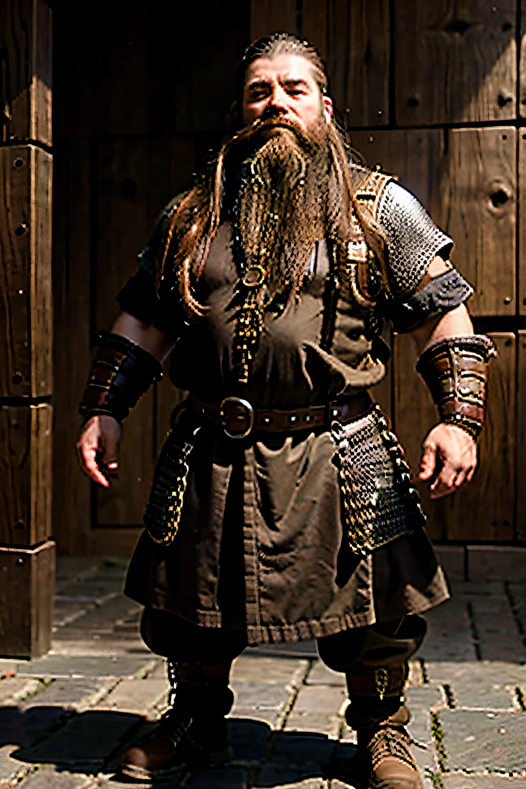 warrior, dwarf, Gnome, beard, Brown beard, in military clothing, in chain mail, with a beard, Full-length, One Dwarf, Big Beard, long beard