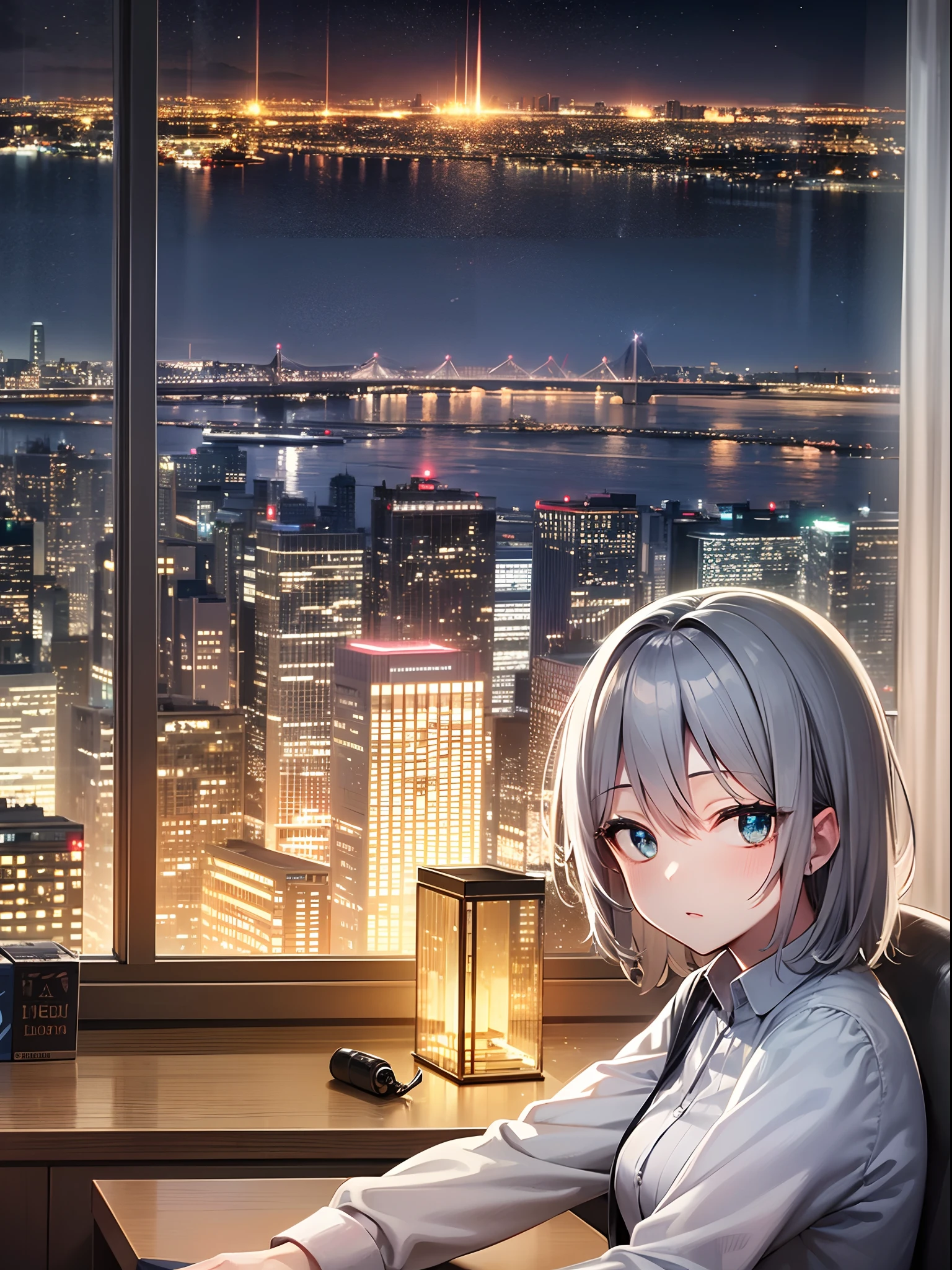 (masutepiece), Best Quality, cyan eyes, Light gray hair, Expressive eyes, Khorhaya, Sitting in a room in a high-rise apartment, nigh sky, city landscape, Looking at Viewer, City lights, window, Highlight, dramatic lights, Calm face,