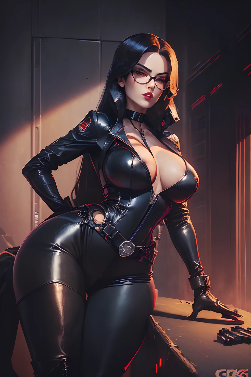 ((The baroness from G.I.joe animated series)) ((beautiful face)) (red lips) (glasses) ((very long black hairstyle)) ((very huge breasts) (perfect slim body) ((wears leather black body suit and pants, gloves, and long boots)) ((choker, belt, cobra logo)) ((posing sexy inside command center on military base))((hold handgun pistol on hand)) (high definition, dynamic lights and shadows) ((masterpiece)) (8k) (perfect face) (best quality) (perfect hands)