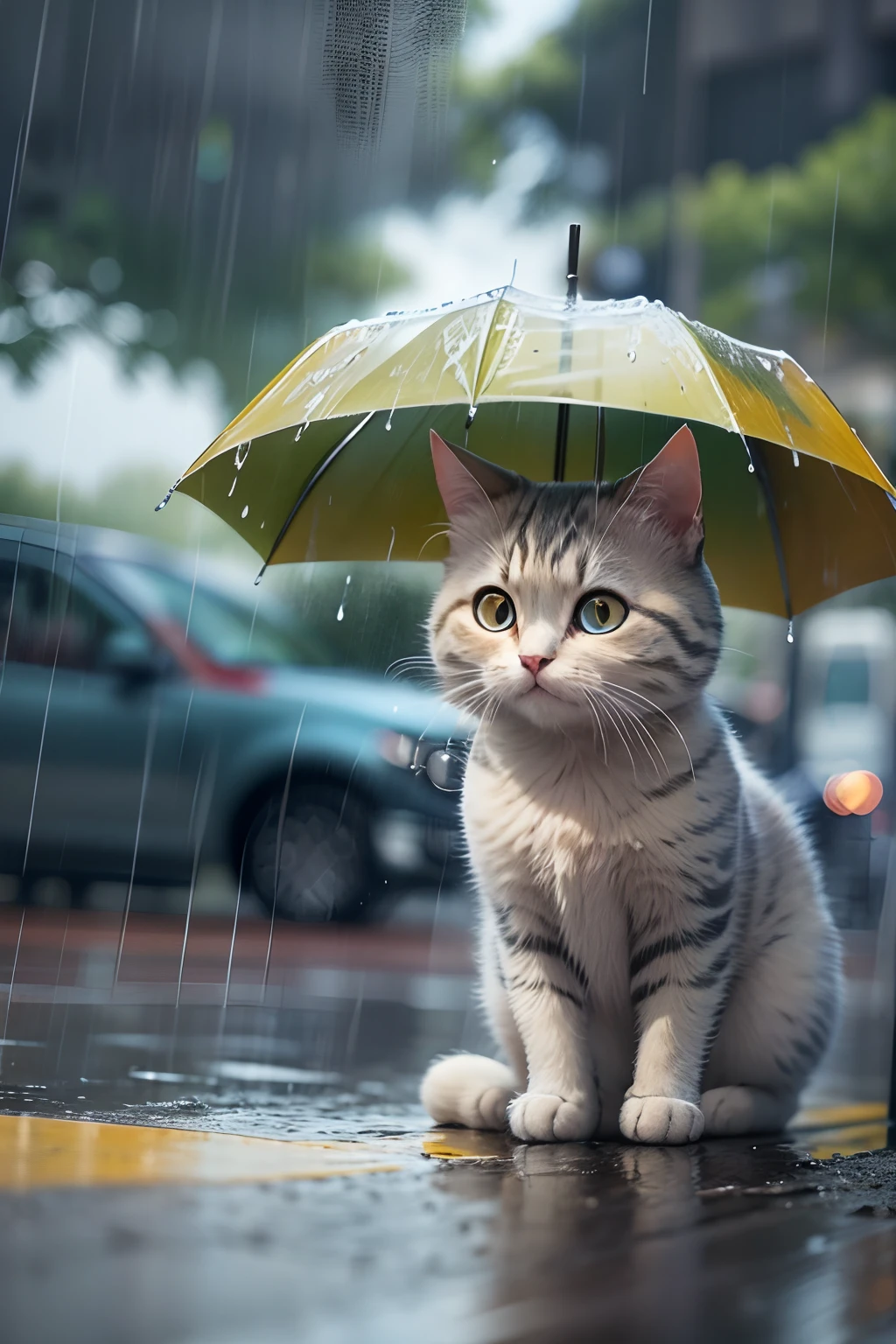 rainy days, A cute cat with round eyes is waiting at the bus stop, streetview, Rain, No umbrellas.