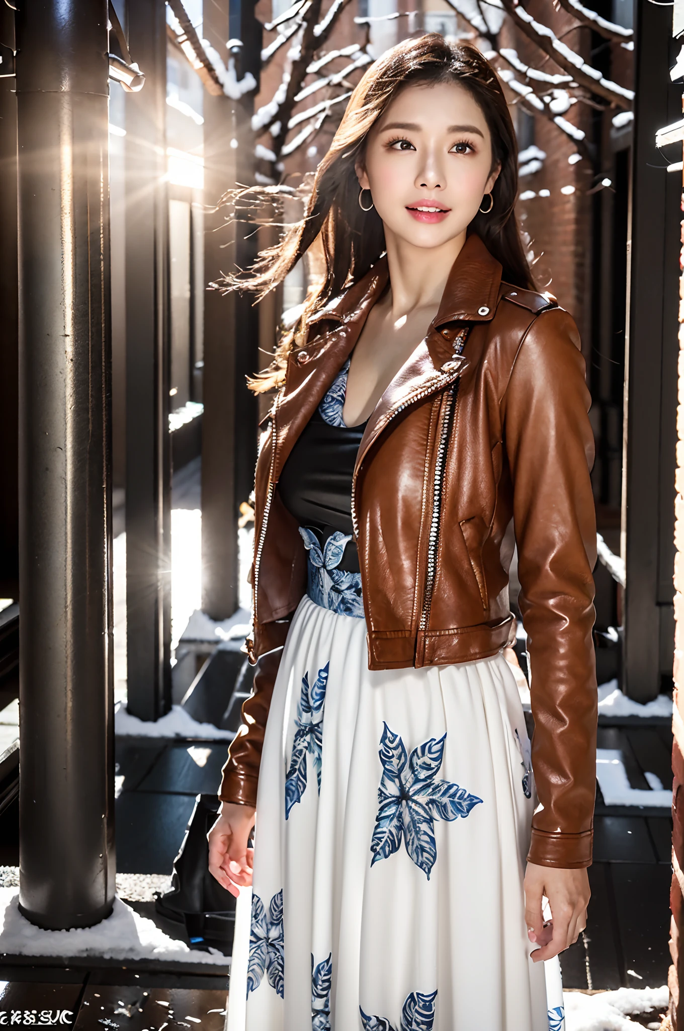 Winter scene、Snow runs、snowfall、((Maxi dress with print pattern、leather jackets))、depth of fields,Real Light,Ray traching,OC Renderer,UE5 Renderer,Hyper-realistic,best qualtiy,8K,Works of masters,super-fine,Correct anatomy、Asian Women, (8K、RAW Photos、top-quality、masterpiece:1.2)、(realisitic、Photorealsitic:1.37)、25-years old、1人、light brown hair、详细的脸、Detailed lips、detailedeyes、(huge-breasted:1.5)、Alafed Women、Smile、
