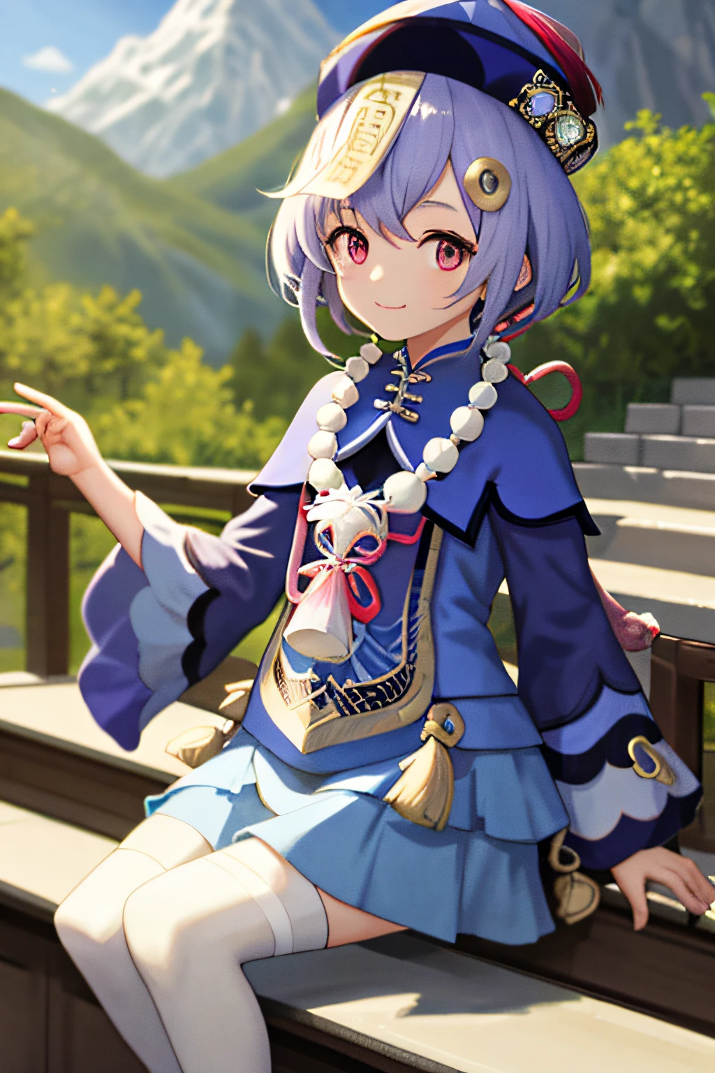 qiqidef, full body, sitting, smile, blush, outdoors, day, simple background, blue sky, short hair, sky, temple, looking at viewer, sitting on stairs, mountain, moody lighting,
