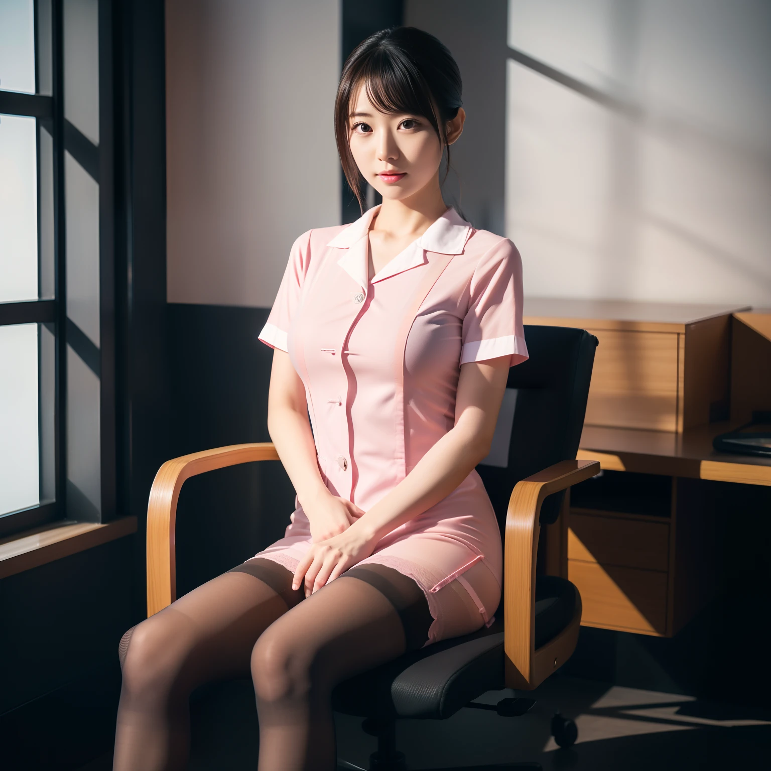 Cute young Japan woman in nurse clothes、(Full body:1.5),(1girl in:1.3),(view the viewer:1.4),(anatomy correct:1.4),(Sitting in a chair:1.2),(Wearing a nurse set:1.2),(Opaque pink pantyhose:1.3),(Accurate and perfect face:1.3),(Long legs:1.3),hyper HD, Ray traching, reflective light, Structurally correct, awardwinning, high detailing, Lighten the shade contrast, Face lighting ,Cinematic lighting, masutepiece, super detailing, High quality, high detailing, Best Quality, High contrast,