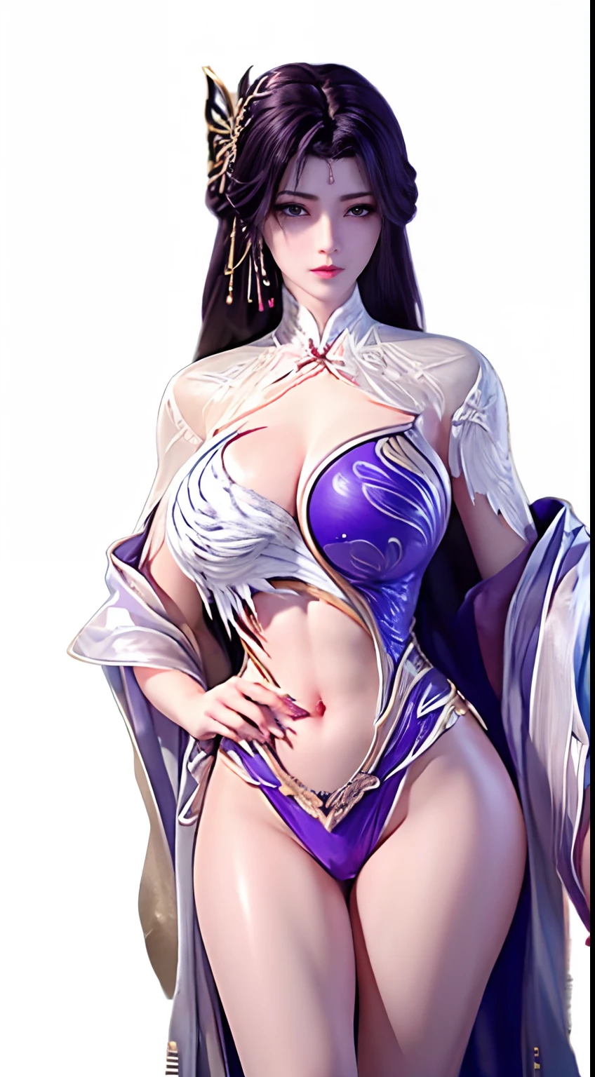 Solo, 1 Beautiful women, The world of martial arts, (1 girl), (complete figure:1.2), (standing:1.1), (Xiuxian World), (Big breasts, Round breasts:1.4), (muscle abs), (big cuvy hips:1.1), (Shiny skin:1.1), Chinese immortal martial arts, (purple Bikini, Ancient long skirts, Embroidered cloak, streamer), Brunette hair, Chinese roll bags, Hairpin, Light pink lips, calm, Intellectual, Delicate face, Masterpiece, Best quality, High quality, High definition, High quality texture, High quality shadows, High detail, Cinematic light, Side lighting, Ray tracing, Sharp focus, Realistic, Edge light, Two-tone light, (Detailed skin details: 1.2), 8K UHD, Slr, (Soft light, High quality, high resolution:1.7), (Very detailed CG unity 8K wallpaper),Ancient architectural background