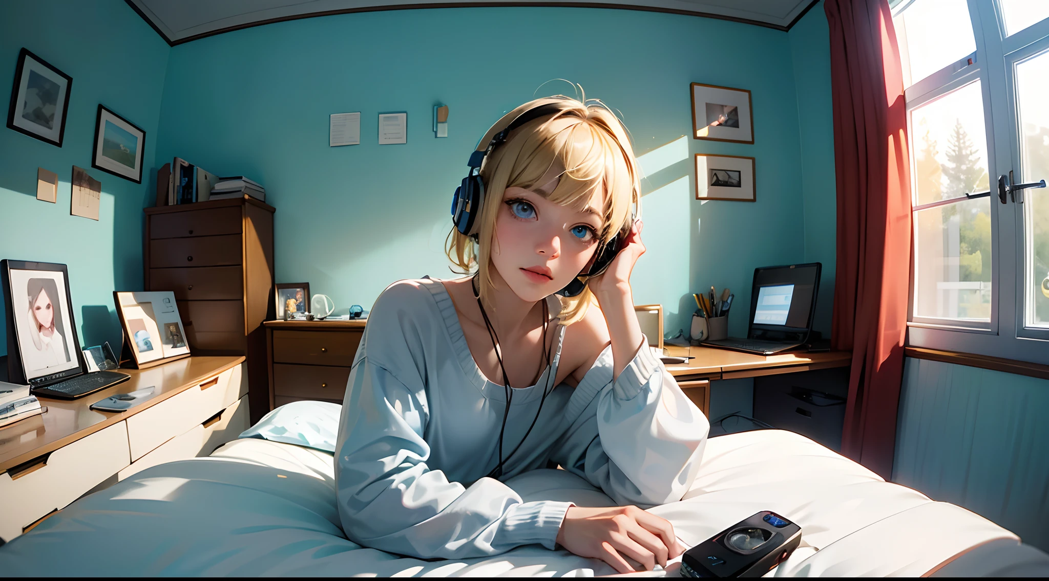 (Masterpiece, Highest Quality, 8K, 16 k, High Quality, Best Quality:1.3, absurderes, high resolucion, digital art, intrikate),High Quality, pixie cut, Pretty blonde, Beautiful blonde, Blue Eyes, 1 Girl, {Placement of windows among the girls},bedroom, sleep, window, natta, computers, Head Phones, Chuniv U, Fisheye, --auto