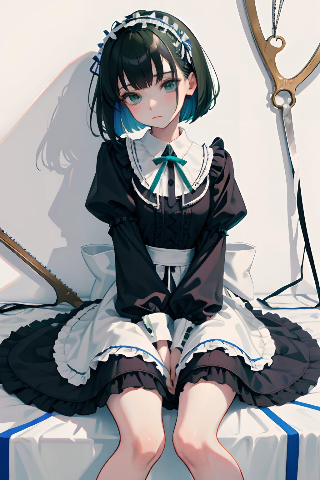 hand between legs，child，（​masterpiece，Highest Quality），shortsleeves，Blue-green Gothic Lolita，Sleepy face，A dark-haired，Medium bob，utility knife，Small scissors，Artistically
