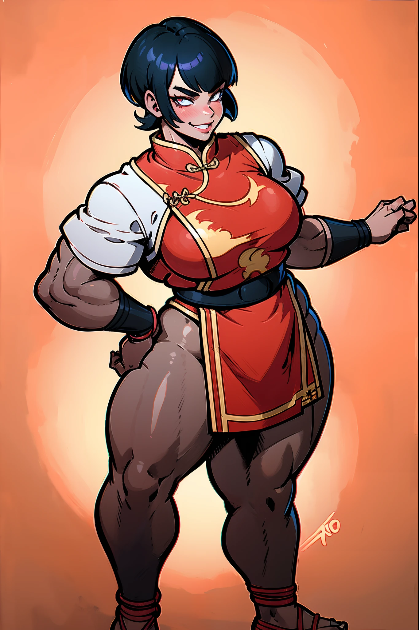 musclegirl, short hair, Chinese clothing, flipflops, black hair, smile, smug, tomboy, masculine girl, standing, karate pov, red clothes, skirt, thicc, curvy, very muscular, oil painting, detailed facial features, detailed eyes and lips, strong jawline, defined muscles, dark and dramatic lighting, vibrant colors