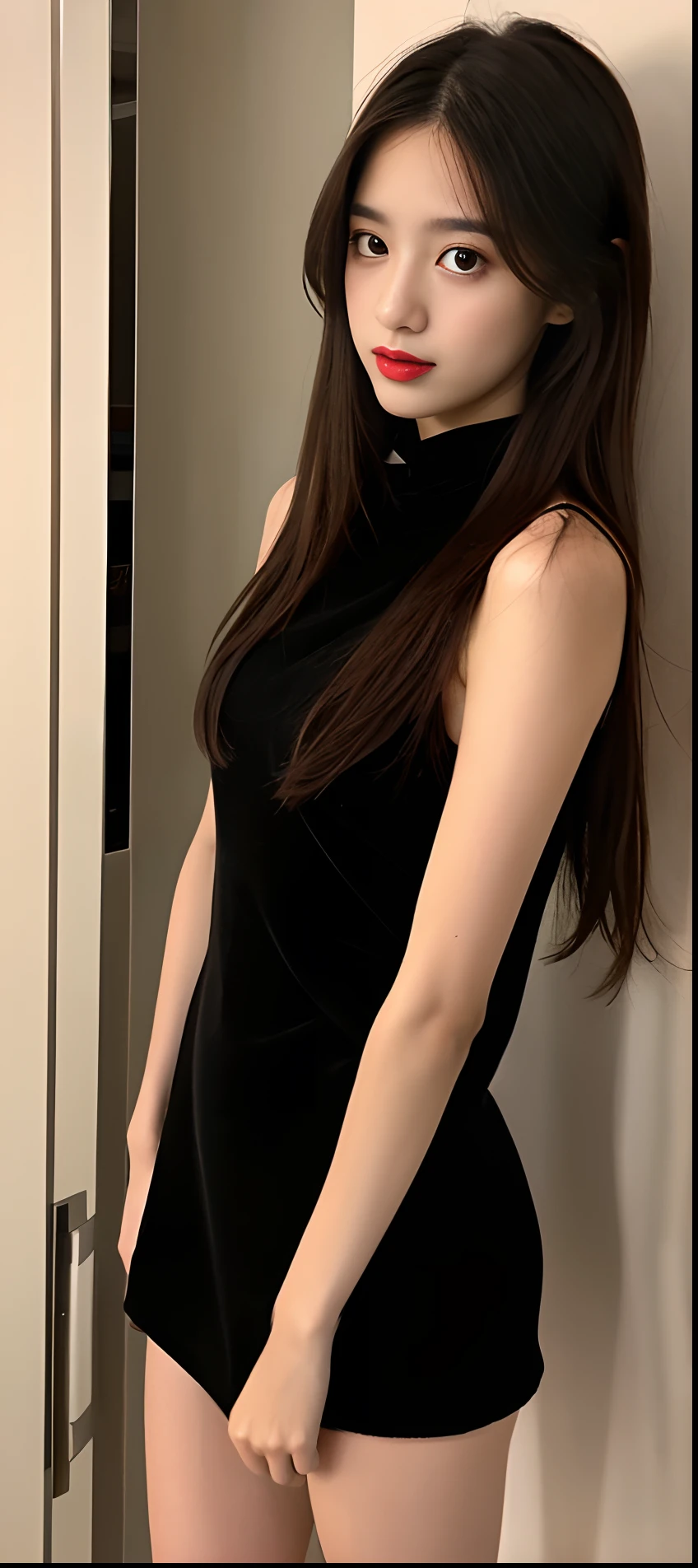 1girll, Solo, Long_Hair, Looking_at_peeping at the viewer, brown_Hair, black_Hair, The legs are long,information, high-necksweater,whole_Body, parted_Lips, necklace, dark mole, black_Eyes, Lips, Realistic, Red_Lips (Dress conservatively )