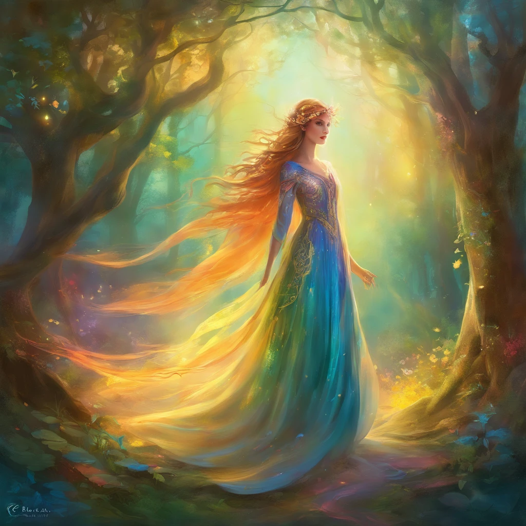 girl standing in a mystical forest, surreal illustrations, vibrant colors, enchanting atmosphere, dreamlike lighting, best quality, ultra-detailed, fine details of the girl's face and hair, flowing dress, magical elements intertwined with nature, unique energy, captivating presence, alluring charm, slight fog in the air, ethereal beauty, mysterious aura, soft sunlight filtering through the trees, whimsical and imaginative, masterful brushstrokes, fantasy art, magical realism, vibrant color palette, dreamy vibes.