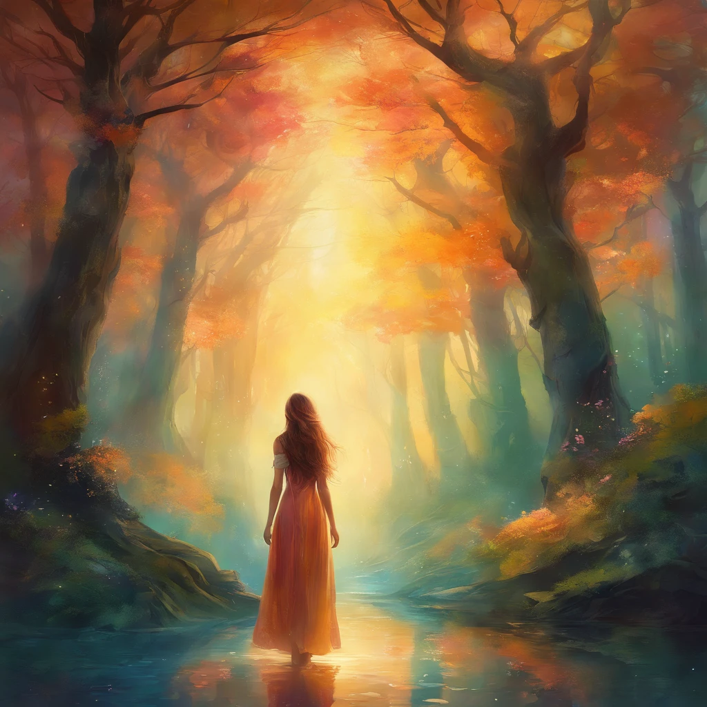 girl standing in a mystical forest, surreal illustrations, vibrant colors, enchanting atmosphere, dreamlike lighting, best quality, ultra-detailed, fine details of the girl's face and hair, flowing dress, magical elements intertwined with nature, unique energy, captivating presence, alluring charm, slight fog in the air, ethereal beauty, mysterious aura, soft sunlight filtering through the trees, whimsical and imaginative, masterful brushstrokes, fantasy art, magical realism, vibrant color palette, dreamy vibes.