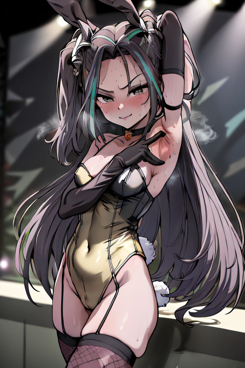 (spread armpit, sweat, armpit:1.4), smile, mlparia, very long hair, thin body, thin legs, performing, (black elbow gloves, collar choker, thighhigh boots, black leotard, bunny girl suit, fishnet stockings, tail coat, stage, spotlight:1.4), (Best Quality,4k,8K,high resolucion,Masterpiece:1.2),Ultra-detailed,realisitic:1.37,Vivid colors, studio lit, black outline, thick outlines