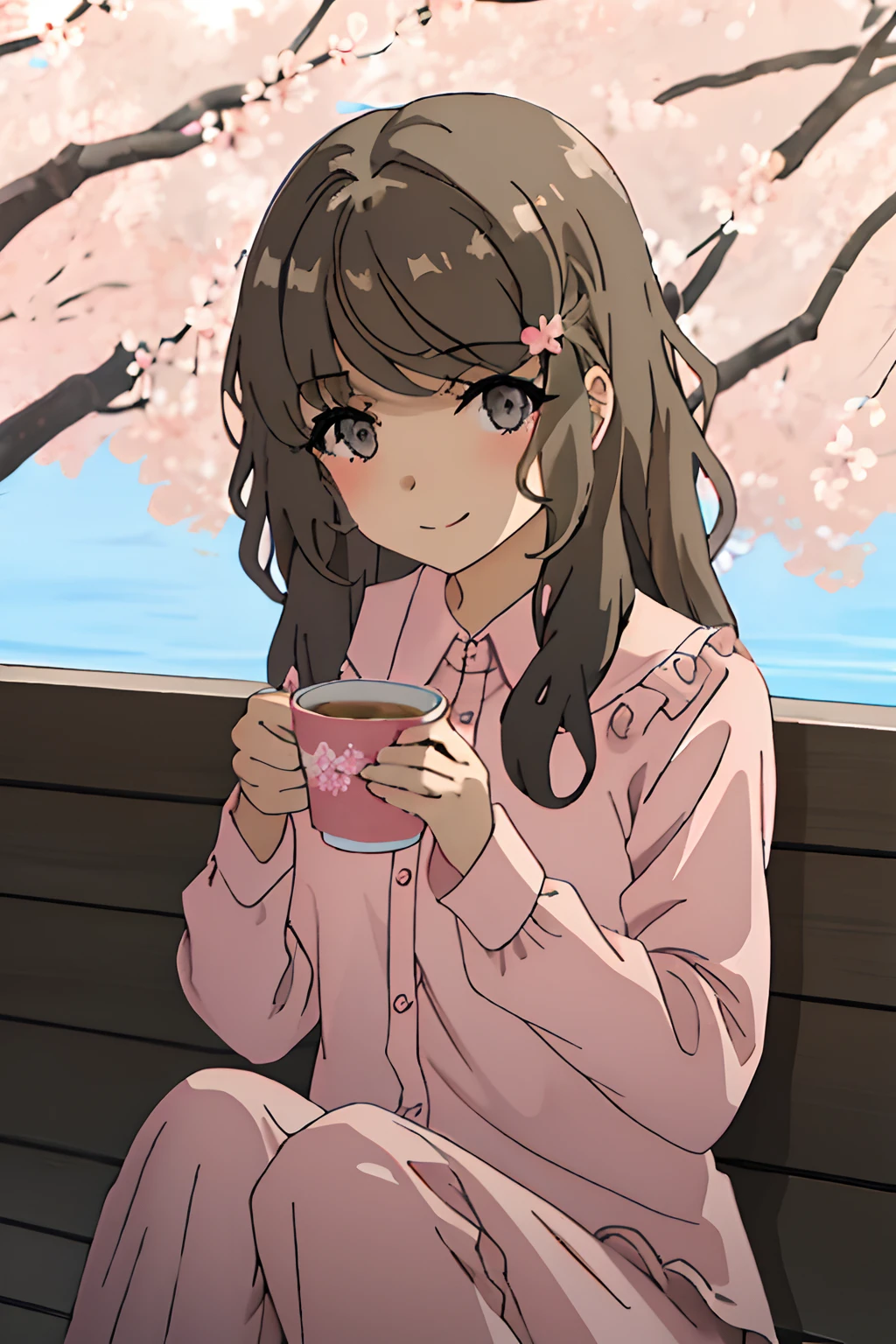 best quality, masterpiece, solo, black hair, long_hair, hair_ cherry blossom hairclip, bangs, grey_eyes, 1girl, pink pajamas, sipping tea, looking at the audience, smiling, wrapped in a blanket