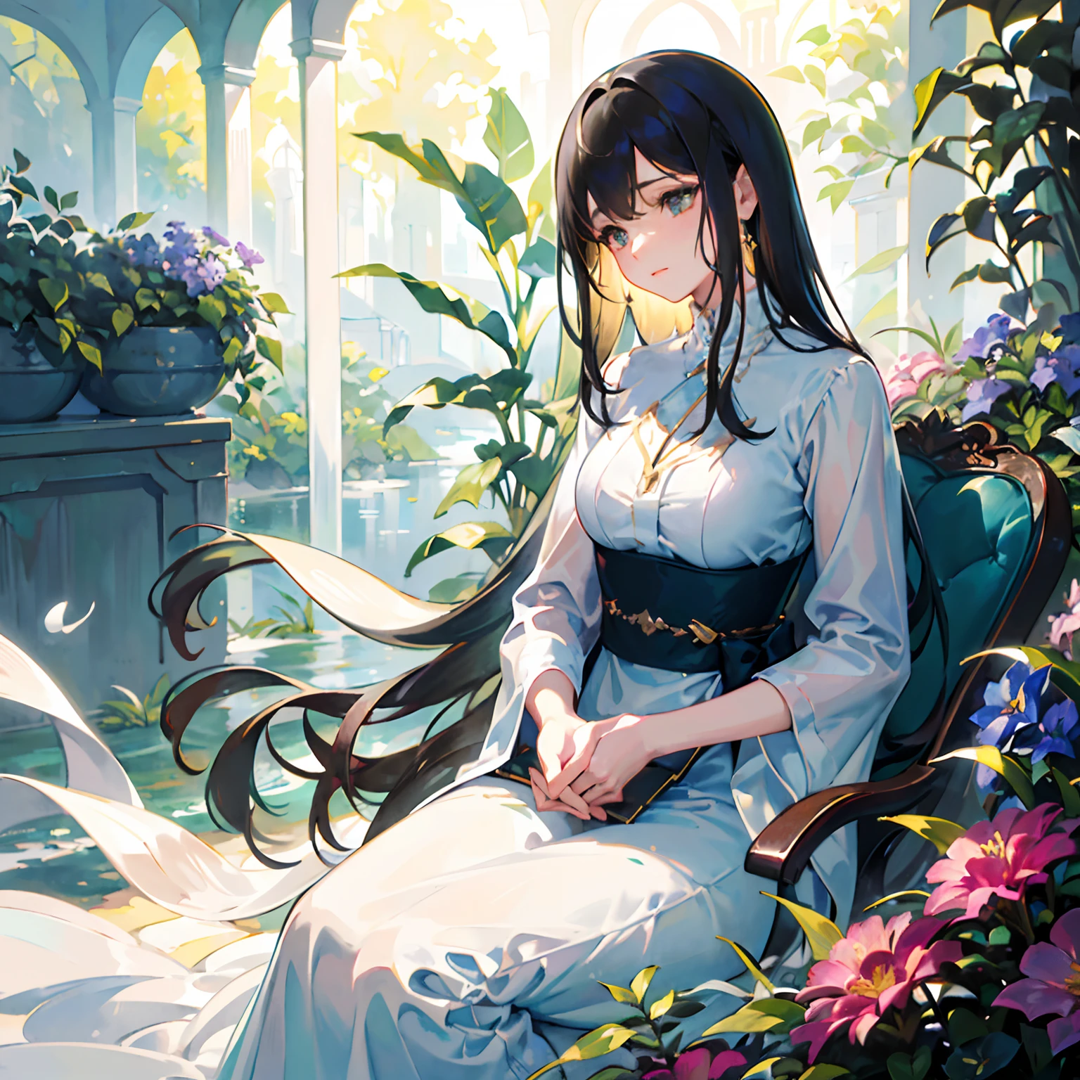 (best quality, masterpieces:1.2), (Sargent-style watercolor painting),(soft lighting), (indoor botanical garden), (dome), (abundance of flowers), (high-density mass of plants),(background landscape is a garden with petals and leaves flying around),(one woman taking care of the flowers), (long hair), (wearing a flowing dress), (focused on her task), (peaceful atmosphere), (filtered sunlight), (vibrant colors), (subtle brushstrokes), (expressive facial features), (dreamy atmosphere), (glimmering water reflections), (lush greenery), (delicate details in flowers and plants), (serene expression), (naturalistic surroundings), (harmonious composition), (captivating beauty), (evokes a sense of tranquility), (impressionistic style), (melting colors), (ethereal ambiance), (hint of mystery), (rich textures), (sublime natural setting), (soft pastel color palette), (blurred background), (captivating contrast between light and shadow), (timeless elegance).