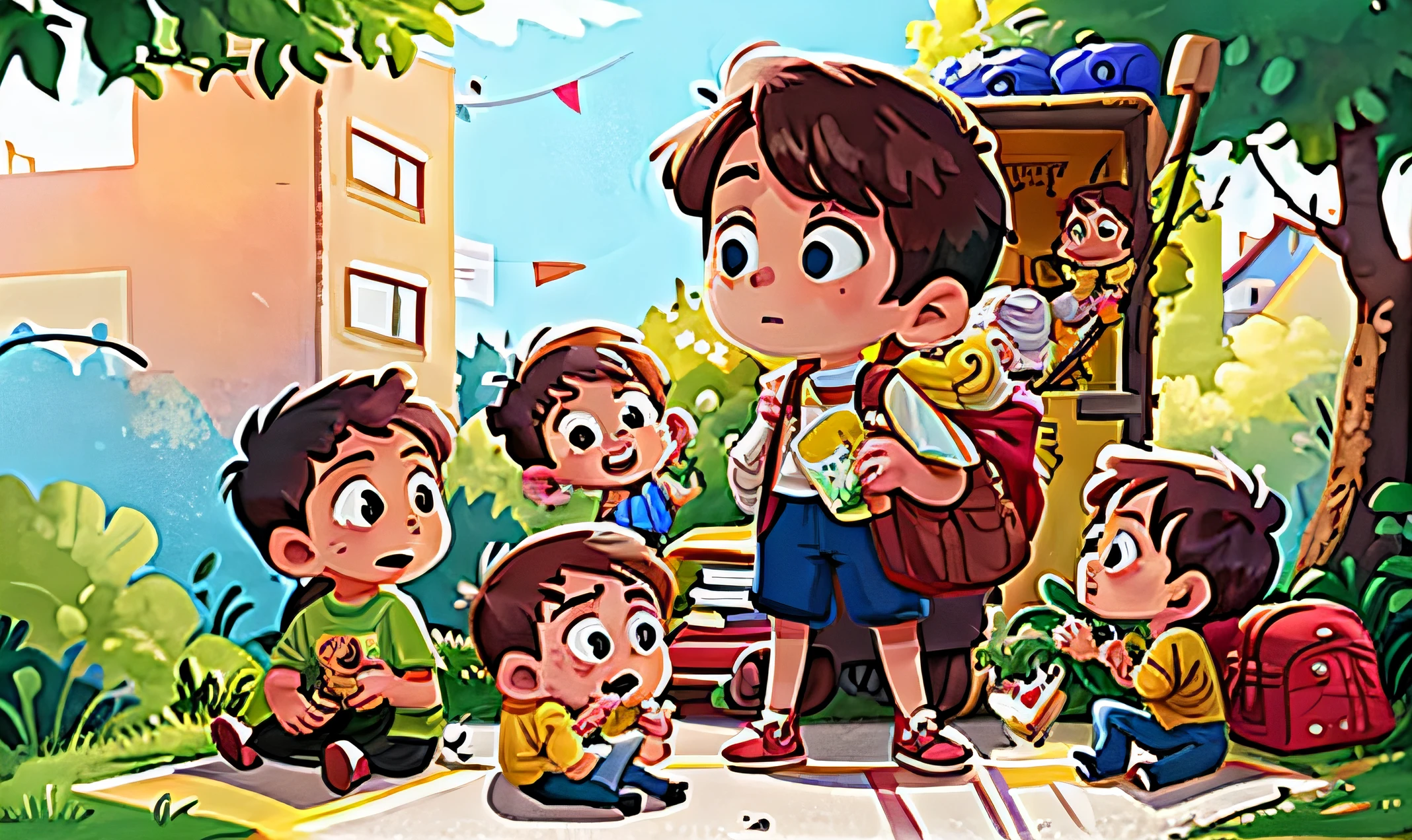 na rua, com cestos de lixeiras , tem sacos de lixos cheios, Watching truck go by, Several children and one teacher and another teacher, tem balde de lixo.