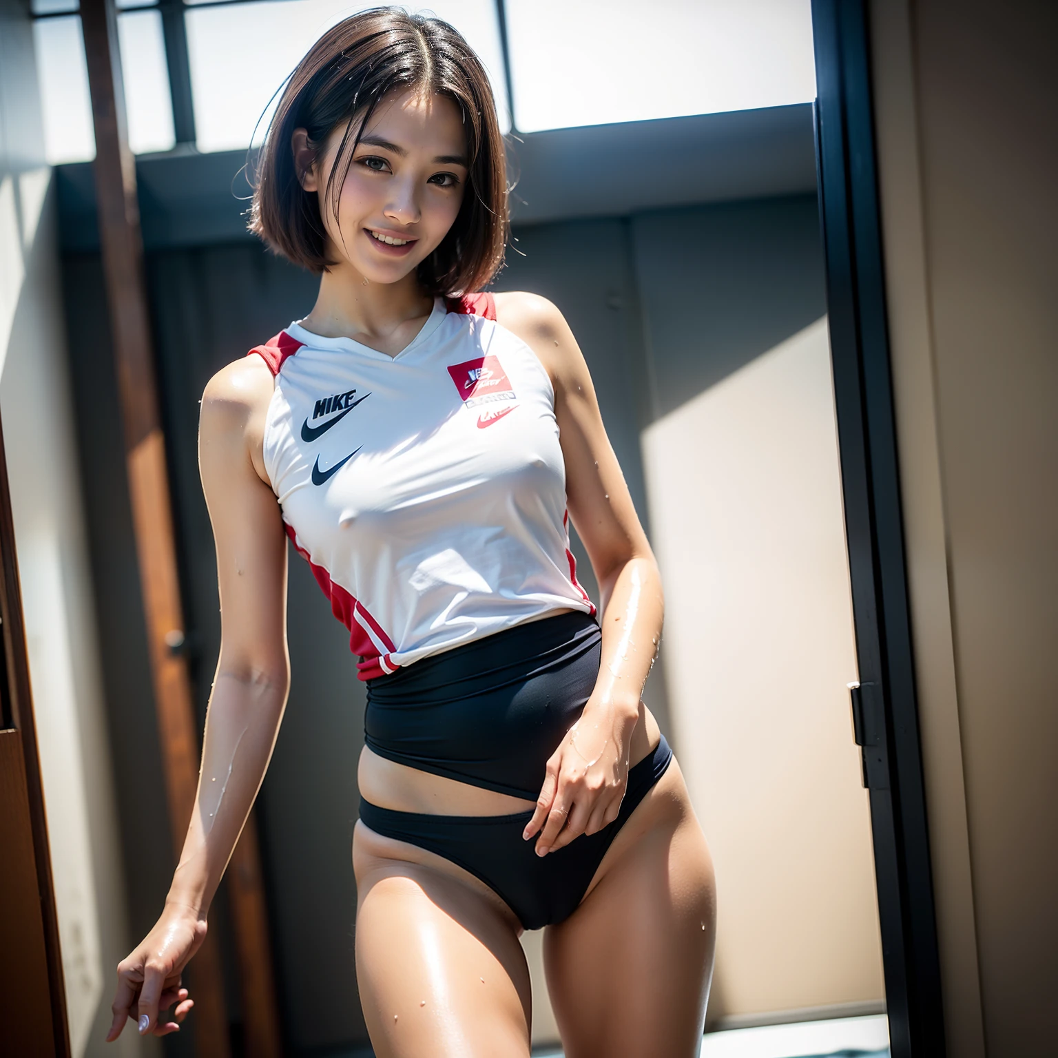 (solo:1.5), (a detailed full-body RAW photo of a girl), (masutepiece:1.0), (Best Quality:1.4), (超A high resolution:1.2), (Photorealistic:1.4), 8K resolution, Canon EOS R5, 30mm, absurderes, ultra-detailliert, (20 year old), Sharp Focus, Cinematic lighting, Detailed beautiful face, (no-makeup:1.2), (ulzzang -6500-v1.1), petite figure, Detailed skin texture, flat chest, (skinny and fit body:1.6), Detailed brown hair, sweltering,(Very short hair:1.5), (Very thin and fit Nike competitive volleyball uniform:1.5), (low rise:1.5), See-through, realistic glistening skin, (Sweating:1.2), detailed texture, (Japan athletes:1.5), (flat chest:1.5), (Erect nipples:1.2), (Wet body:1.2), (lookback:1.5),(hip fourcus:1.5), nfsw, (The skin color is slightly transparent uniform:1.5) (wet body:1.5), (japanese school girls:1.5), (smile:1.5), (at school), (school team mate), frends, team wear, (team uniforms:1.2), dynamic pose, nsfw, (panty that can be seen through wear:1.5), (hip fourcus:1.5), (japanese highschool girl:1.5), (satomi ishihara)
