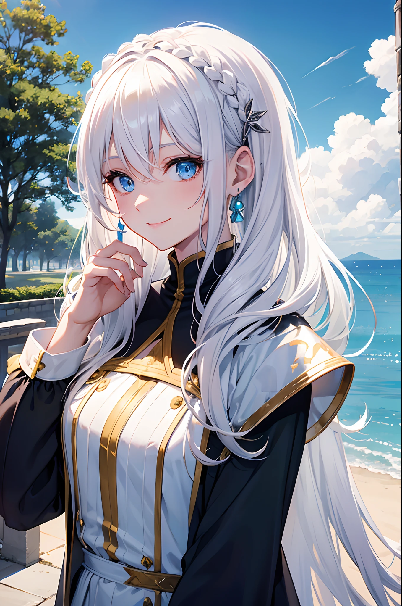 Cover magazine, anime, woman, solo, long hair, white hair, blue eyes, model, beautiful, fantasy, Casual clothes. Hair accessories. Unusual hairstyles. Earrings. Smile. Sunny girl. Upper body potrait.