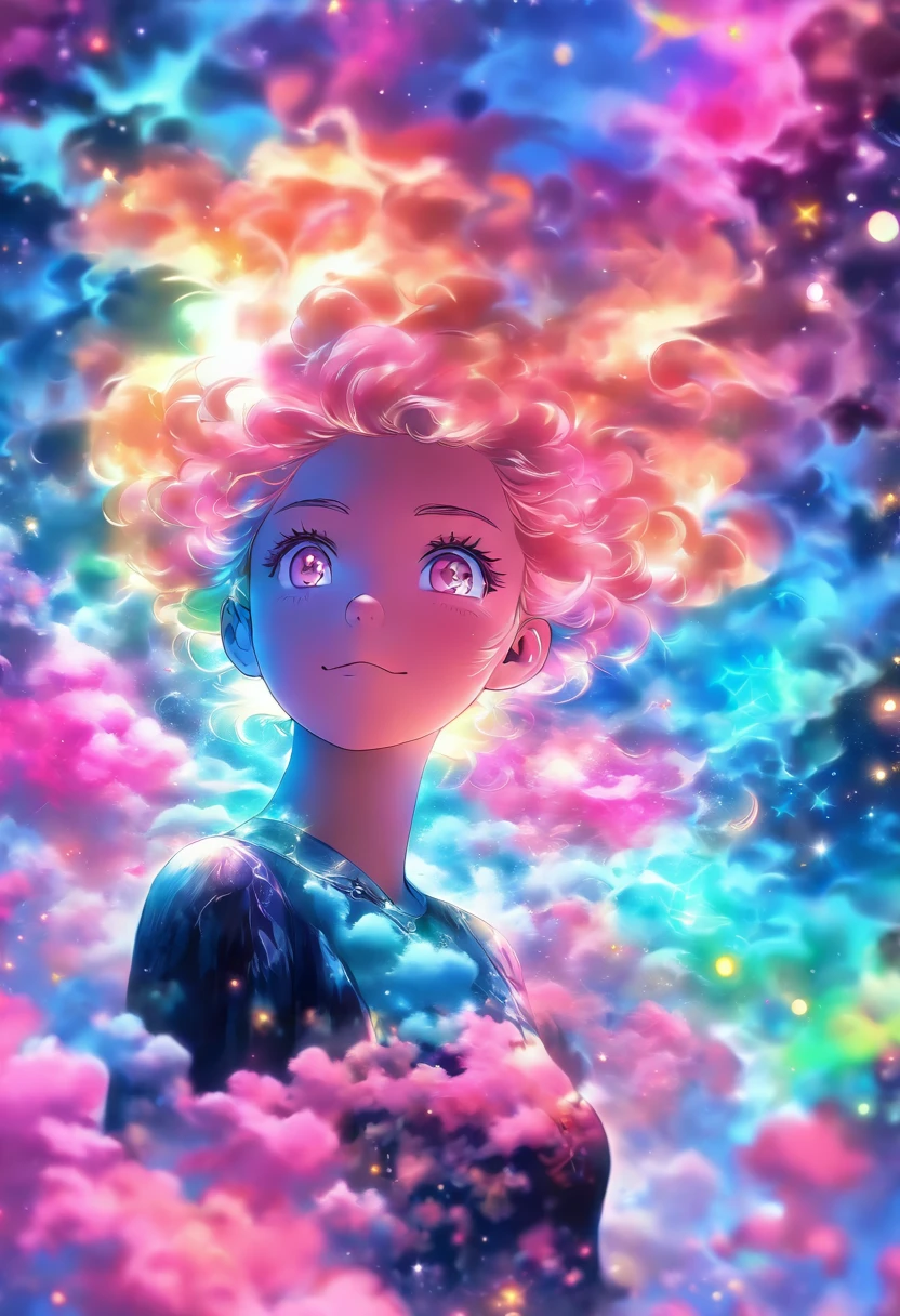 (masterpiece, top quality, best quality,watercolor (medium),official art, beautiful and aesthetic:1.2),(1girl:1.3), (fractal art:1.3),upper body, from side, looking at viewer,patterns,(rainbow color Hair,colorful hair,half blue and half pink hair:1.2),water,liquid, cloud,colorful, starry,stars,