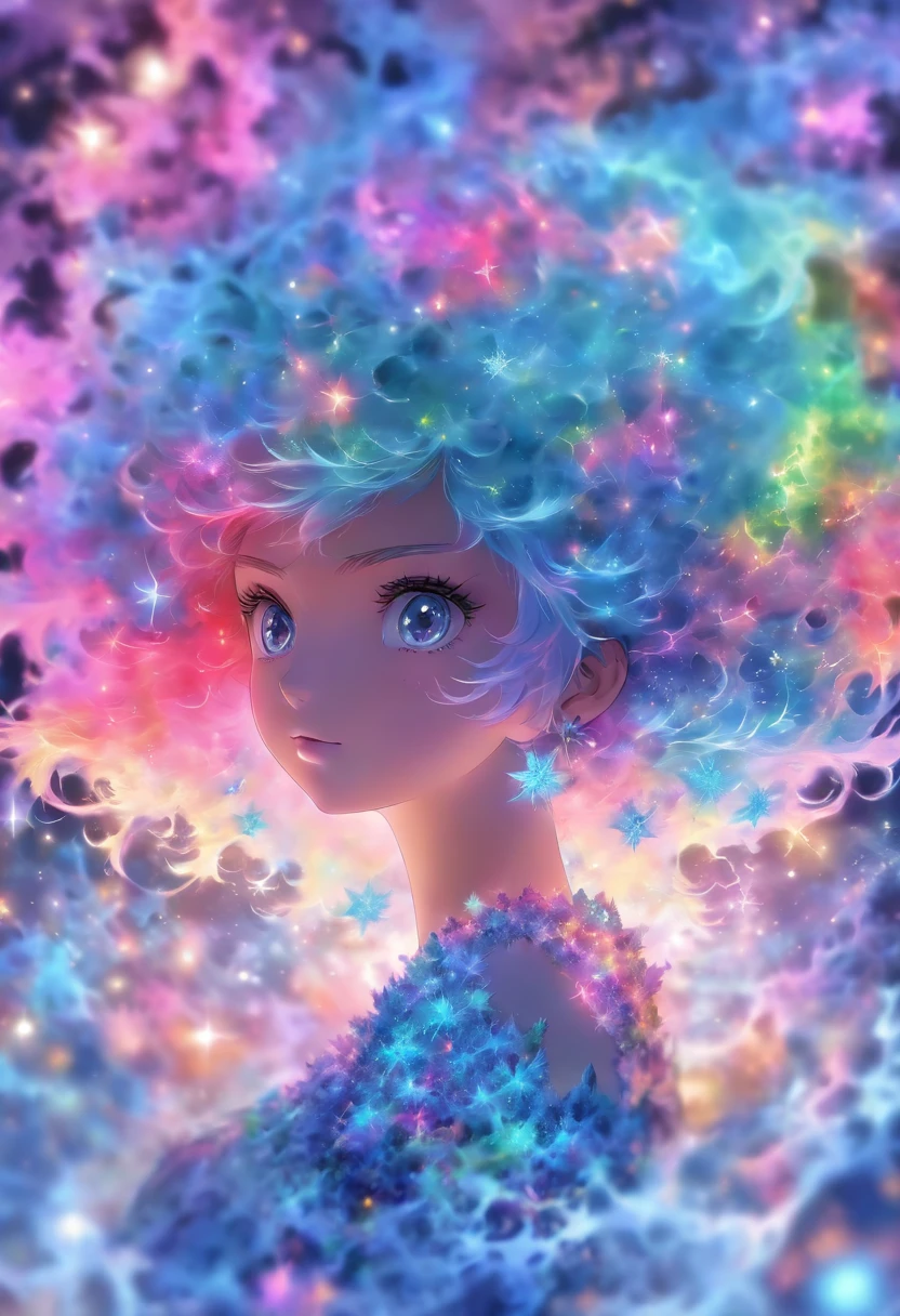 (masterpiece, top quality, best quality,watercolor (medium),official art, beautiful and aesthetic:1.2),(1girl:1.3), (fractal art:1.3),upper body, from side, looking at viewer,patterns,(rainbow color Hair,colorful hair,half blue and half pink hair:1.2),water,liquid, cloud,colorful, starry,stars,