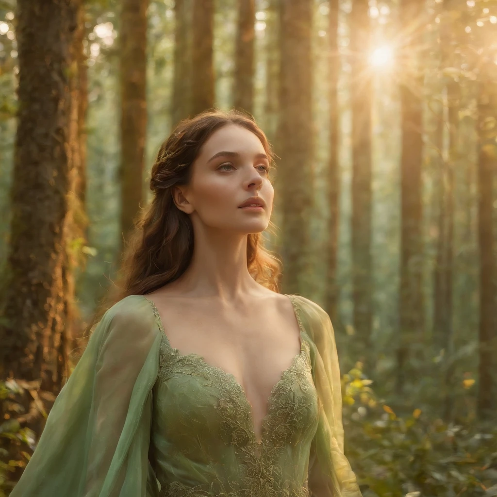 there is a woman in a dress who is standing in the forest, Goddess of nature, inspired by Konstantin Somov, forest fairy, fairy queen of the summer forest, translucent dress, a stunning young ethereal figure, vine dress, Wrapped in flowers and wired, in a whimsical fairytale forest, forest fae, fantasy dress, dryad in the forest