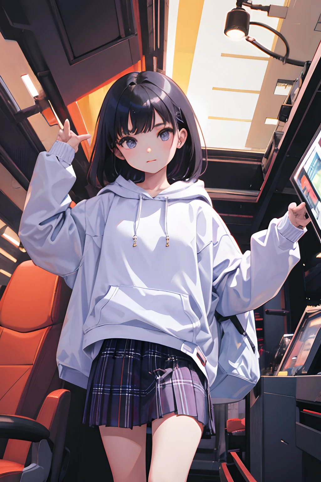 child,(masterpiece,Highest Quality),Light Purple Hoodie,plaid skirts,A dark-haired