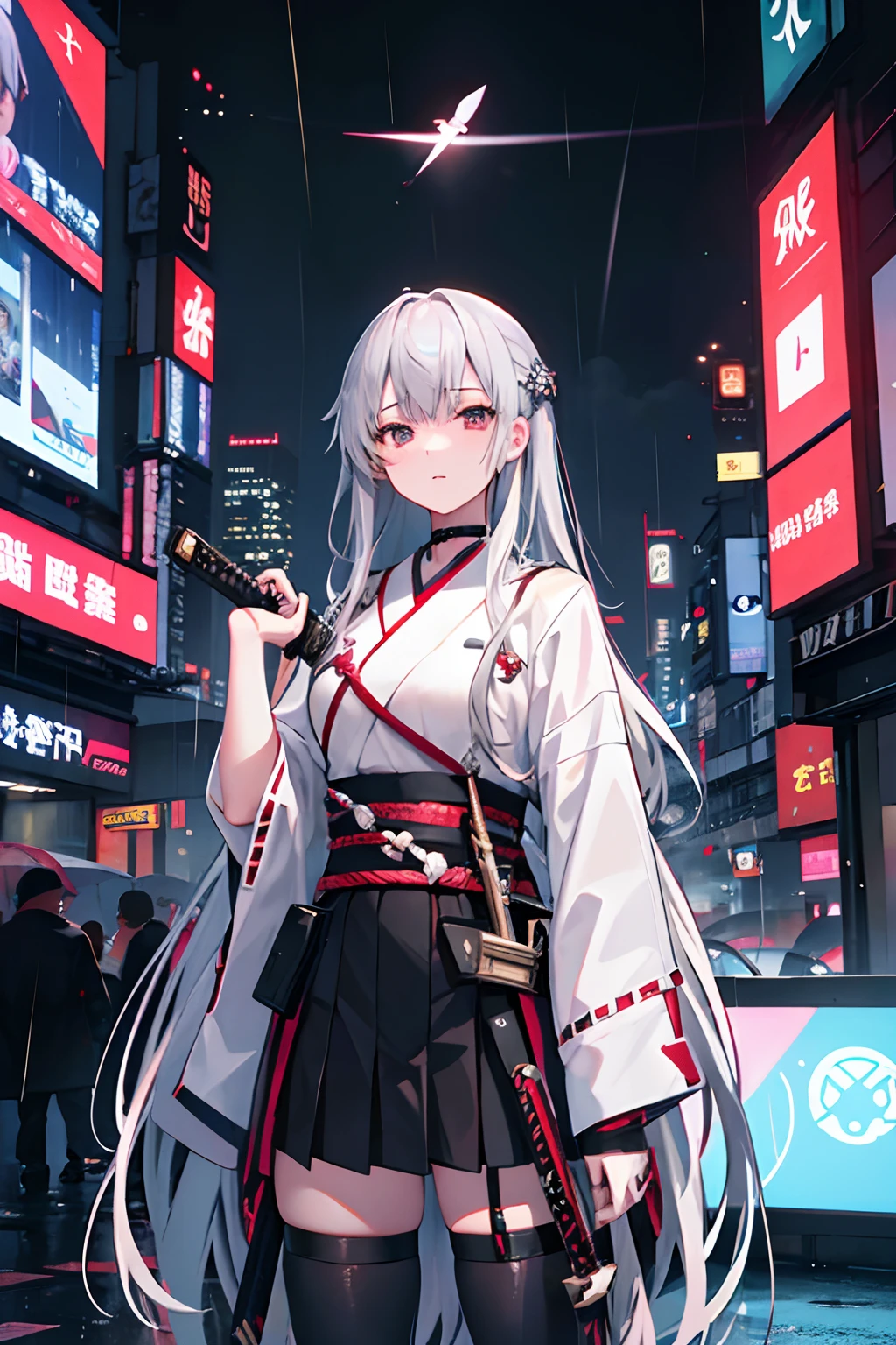-yeld wo, hairlight, Black eye, With long silver hair,Near future,military outfits,Japanese Katana Sword,小柄,God's Eye,"​masterpiece, Better Quality, Still image shooting, Cyberpunk City [cyberpunked], Two huge ships flying over the city [blimp], It's night and it's raining [rainy evening]".