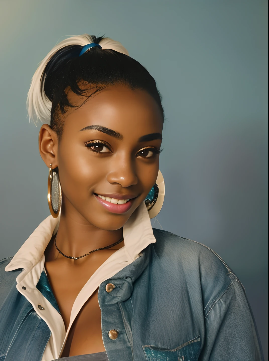 (8k, RAW photo, highest quality), (1 girl), beautiful young ebony girl, Dark skin, (nude:1.0), , teal hair, teal eyes, smile, close up, (detailed eyes:0.8), (looking at the camera:1.4), (highest quality), (best shadow), intricate details, interior, dark studio, muted colors, (to8contrast style),