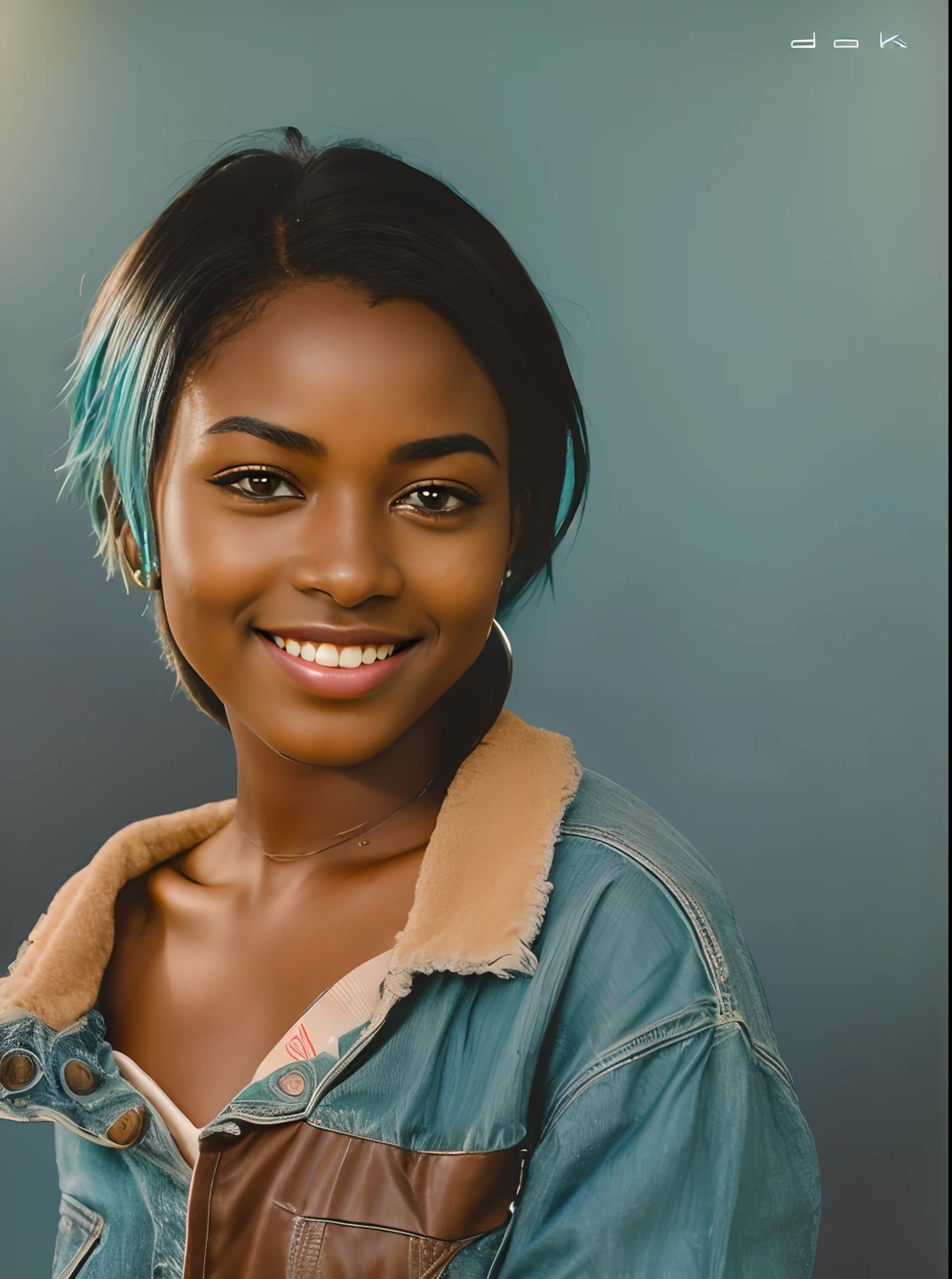 (8k, RAW photo, highest quality), (1 girl), beautiful young ebony girl, Dark skin, (nude:1.0), teen, teal hair, teal eyes, smile, close up, (detailed eyes:0.8), (looking at the camera:1.4), (highest quality), (best shadow), intricate details, interior, dark studio, muted colors, (to8contrast style),