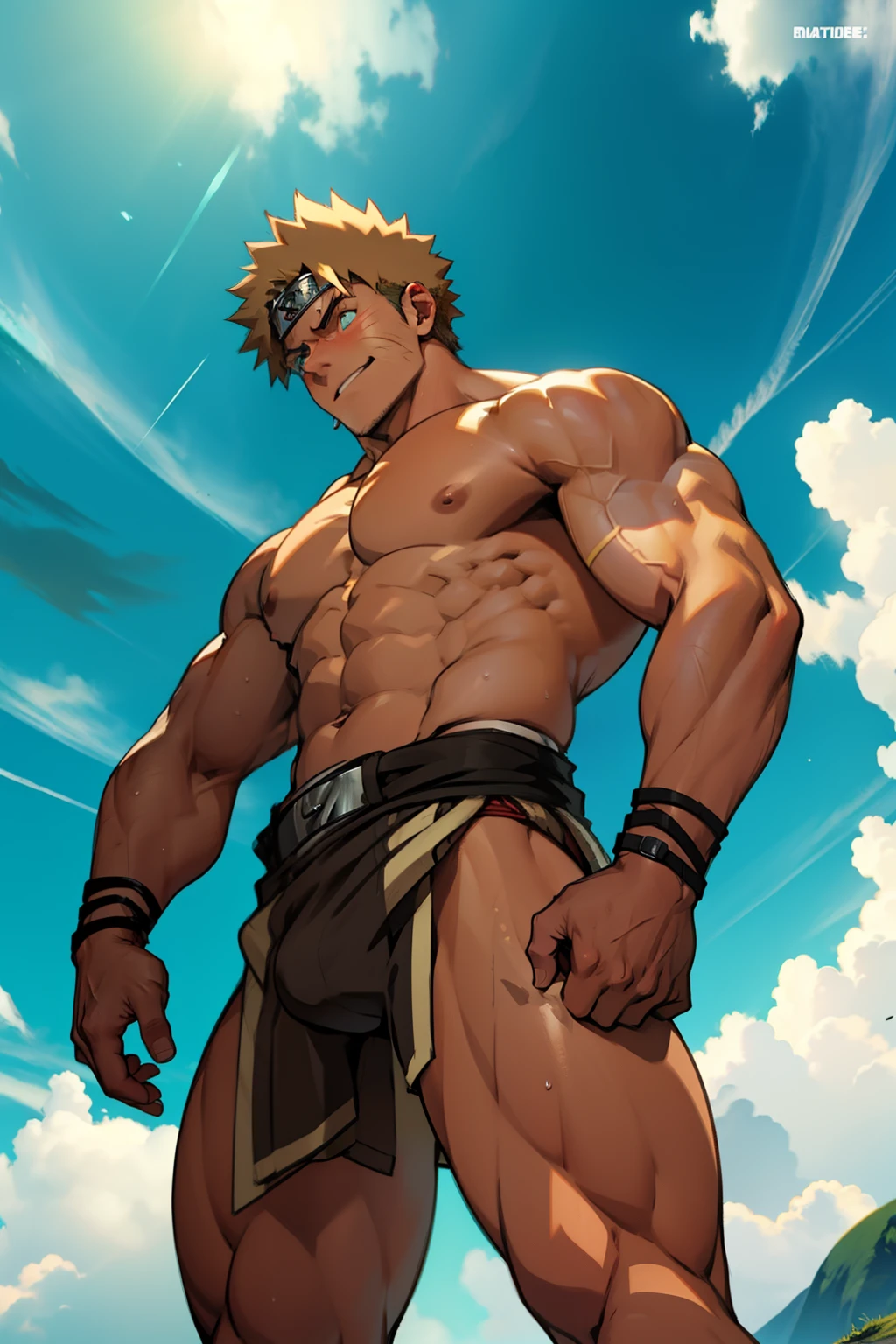 red skin, tanned skin,reddish brown skin(muscular thigh muscles ) (Drawings of Naruto anime) (photo angle from bottom up) (photo angle from the ground upwards) [Anime photo][highest quality photo][4k,HD photo quality ] wear tight and short loincloths ,the loincloth bulges due to the erect male genitals (muscular thigh muscles, firm thigh muscles, muscular thigh muscles, sinewy thigh muscles, giant thigh muscles, strong leg muscles, muscular hamstring leg muscles)(thigh muscles bulging as if about to explode, muscular, calloused, sinewy, giant) , Rudeus Greyrat,fun, happy,bodybuilder,bodybuilding, standing, lots of sweat flowing down, topless, shirtless, hot sunny,blue eyes, 8 pack abs , short hair , green eyes