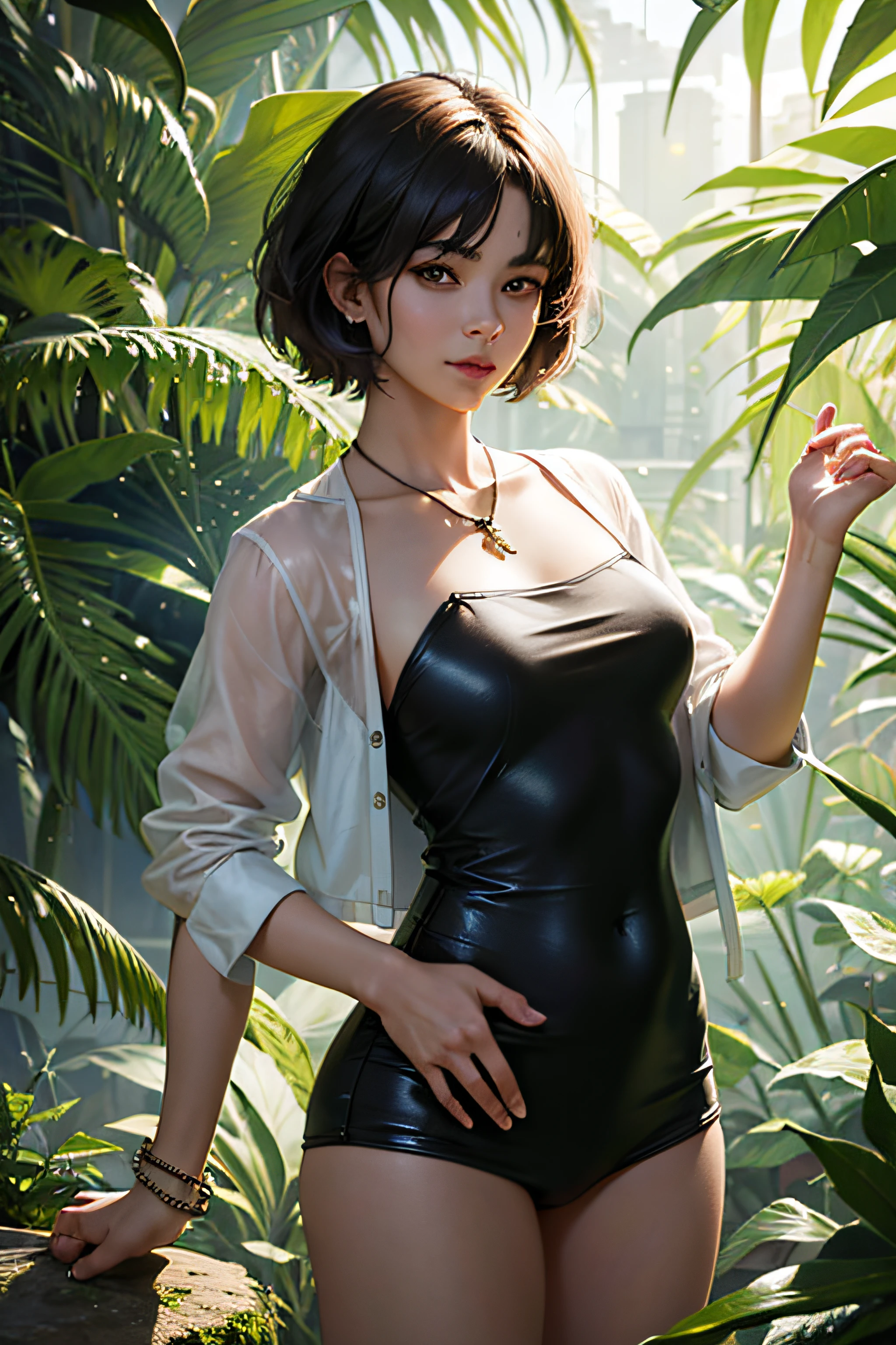 photorealistic portrait, high-res, Soft light,1woman, bara, Hip up, look at viewer, (The young heroine confronts the fern leaf with details........), Short Hair Hair, jewelry, Short thin silk shirt with legs.pretty smile