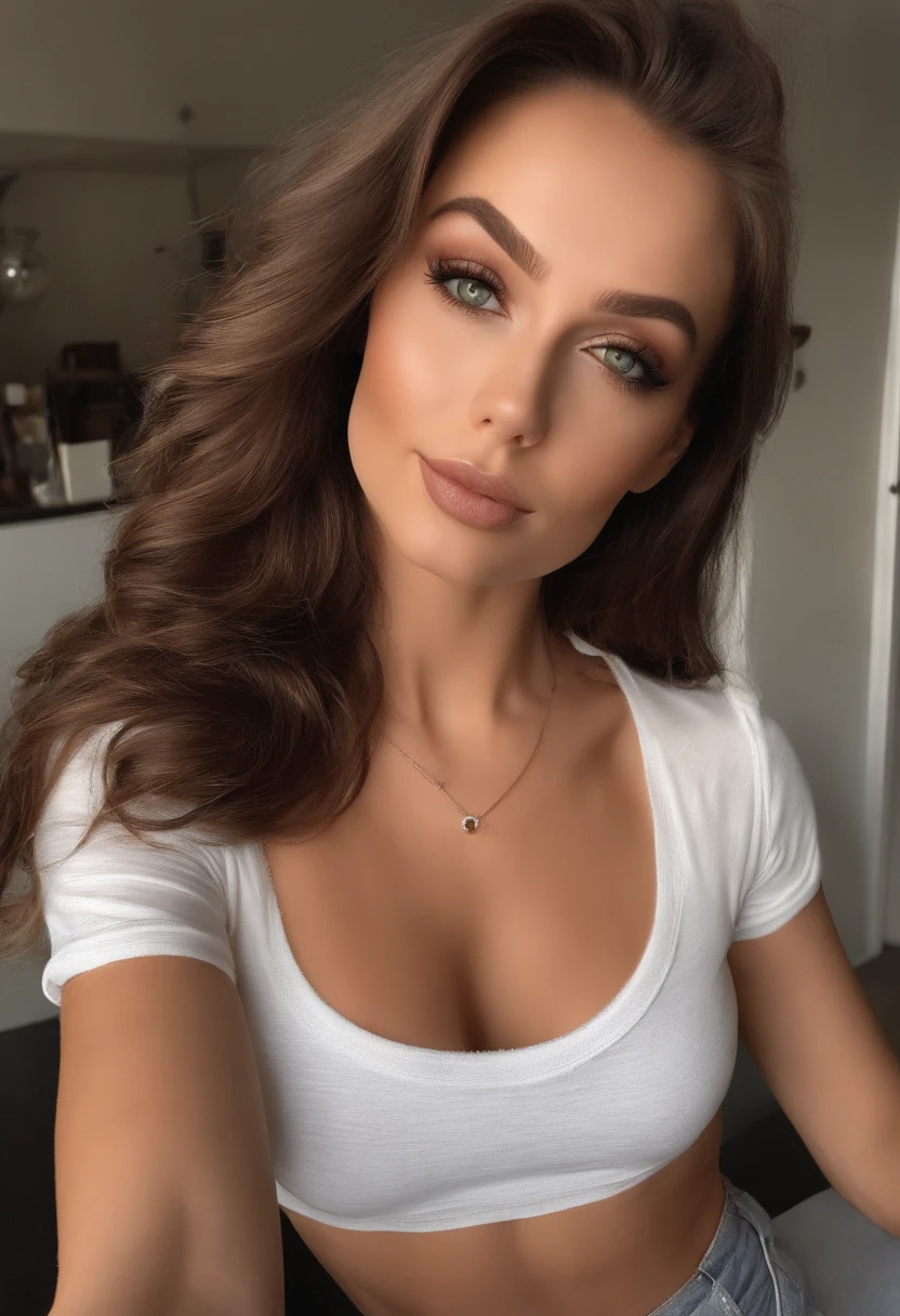 Femme Arafed en T-shirt blanc et collier, Repas au restaurant, fille sexy aux yeux verts, Portrait Sophie Mudd, cheveux bruns et grands yeux, selfie of a young woman, Yeux de chambre, Violet Myers, pas de maquillage, maquillage naturel, looking straight at camera, Visage avec Artgram, maquillage fin, Superbe plan complet, piercing green eyes, Bel angle, pose attrayante, douce fille, sexy pose, Image pleine longueur, complet - corps, Prise de vue du corps entier, brunette goddess, High detail, Posture satisfaite, dans une jupe grise et des bottes, jupe upskipe, bottes de genou