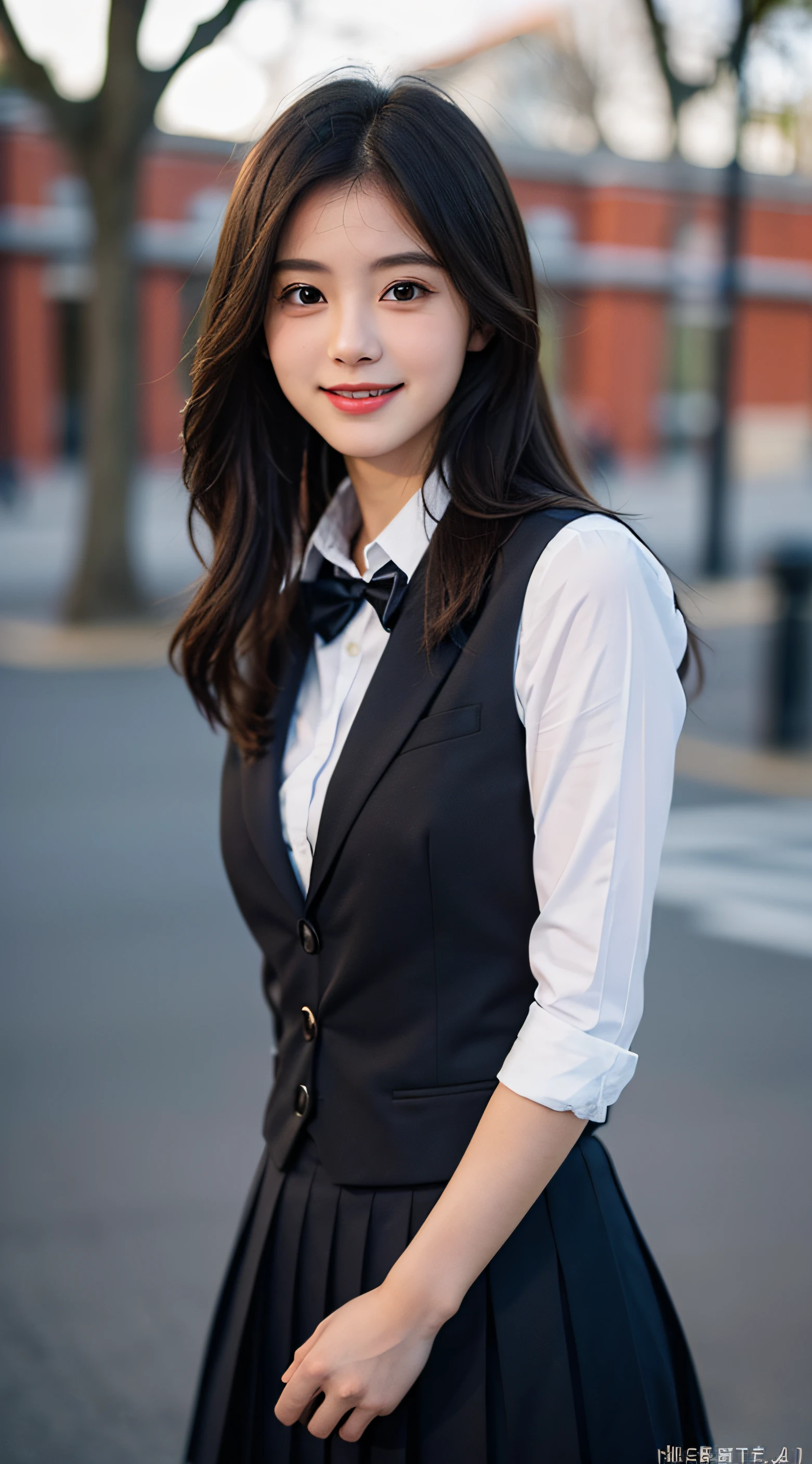 1girl in,8K, RAW photography, top-quality, tmasterpiece, hentail realism, Photorealsitic, A smile, Girl student uniform, Pretty beauty,school ground, The upper part of the body,