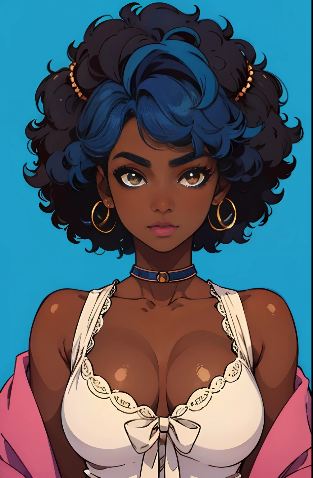 (best quality:1.1),original,1girl,chic,trendy,short afro hair, dark skin, makeup, 1970's, blue hair, brown eyes, anime style, niji