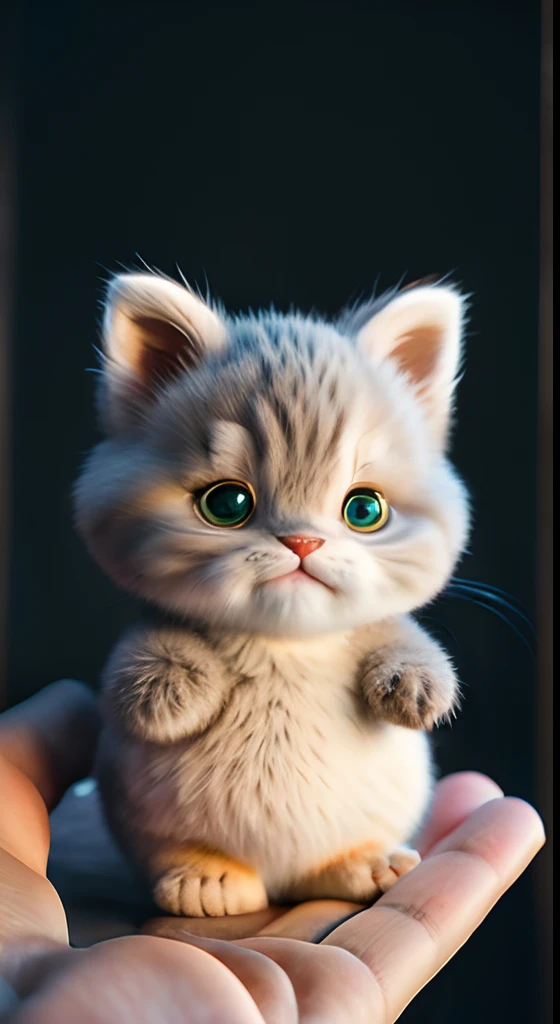 Tiny kitten on hand, grey, fat, full body, garfield, no_humans, depth of field, disney style, DARK_Glam, wearing DRK_Glam, deep shadow, (dark: 1.4), (8k, RAW photo, best quality, masterpiece: 1.2), big expression happy with mouth