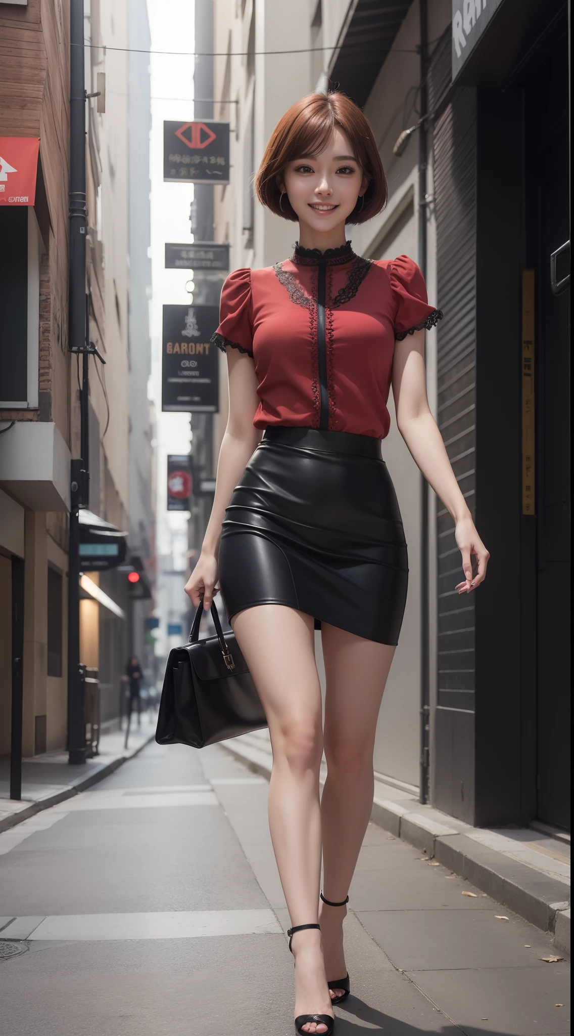 8k, masterpiece, RAW photo, best quality, photorealistic, extremely detailed CG unity 8k wallpaper, Depth of field, Cinematic Light, Lens Flare, Ray tracing, (extremely beautiful face, beautiful lips, beautiful eyes), intricate detail face, ((ultra detailed skin)) 1girl, in the dark, deep shadow, pretty asian girl, 1 girl, (very slim slender fit-muscled body:1.3), ((looking at viewer)),(big smile:1.3), (short skirt ), (red mini skirt ),clear eyes, walking , front shot, (pale skin), (big eyes), face forward, (red shirt),  (brown hairs), ((laced blouse)),,(looking at viewer:1.3) very slim, medium breasts, tight Mimi skirt, (camel toe),neon, night, dim light, cityscape, blurry background, street, buildings, tree, sparkling skirt, (high heels), full body shot, (open breasts), black short sleeve, short hair