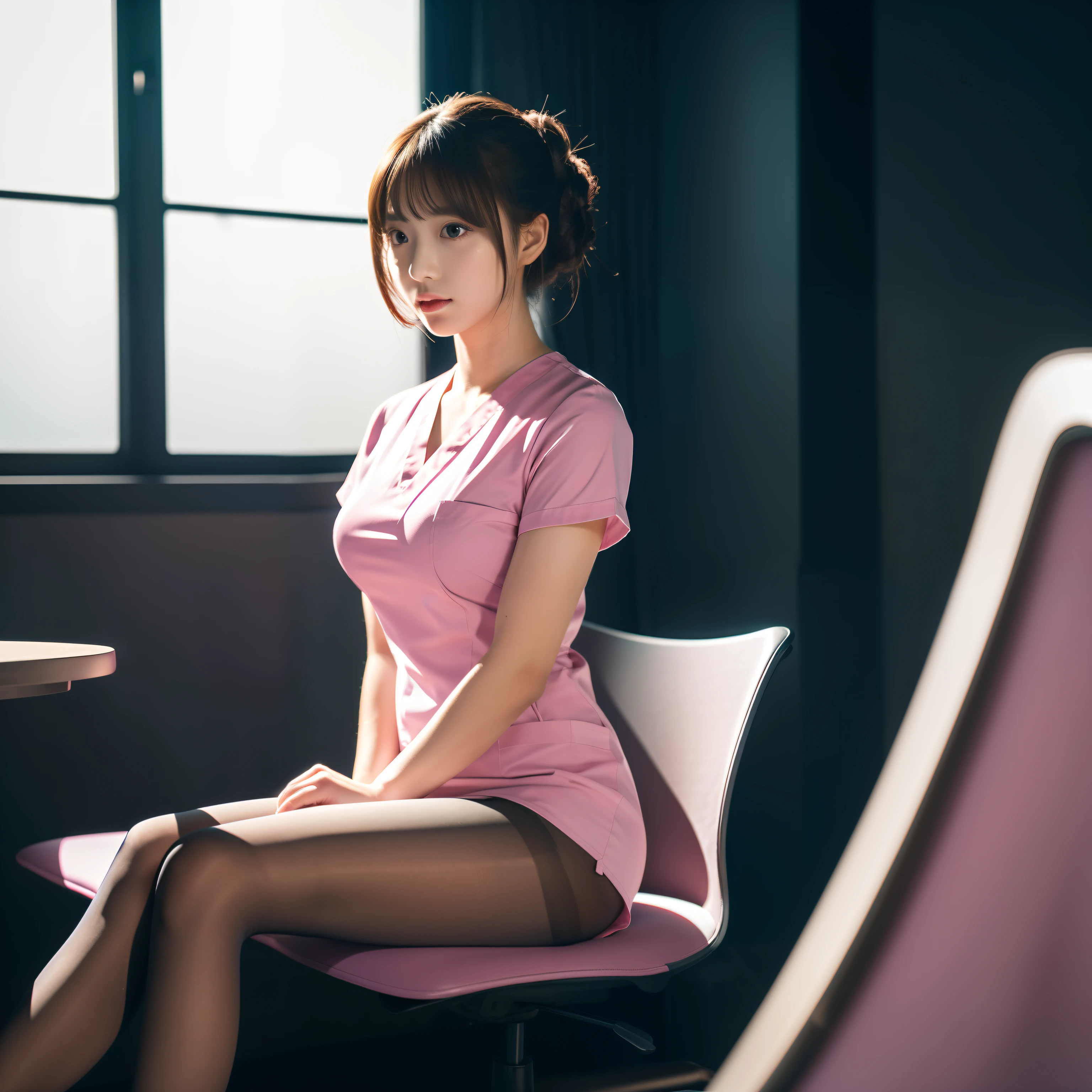 Cute young Japan woman in nurse clothes、(Full body:1.5),(1girl in:1.3),(view the viewer:1.4),(anatomy correct:1.4),(Sitting in a chair:1.2),(Wearing a nurse set:1.2),(Opaque pink pantyhose:1.3),(Accurate and perfect face:1.3),(Long legs:1.3),hyper HD, Ray traching, reflective light, Structurally correct, awardwinning, high detailing, Lighten the shade contrast, Face lighting ,Cinematic lighting, masutepiece, super detailing, High quality, high detailing, Best Quality, High contrast,
