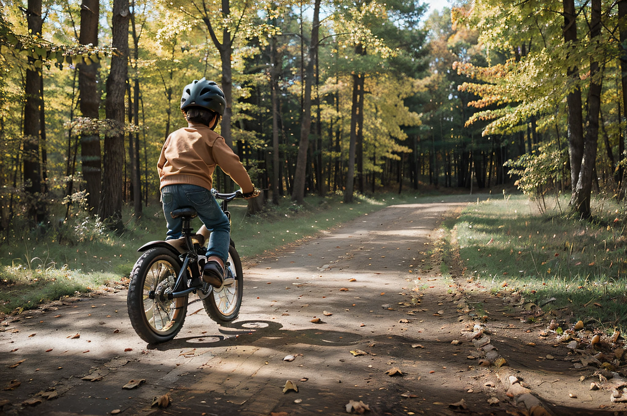 Boy in the woods riding a bike with his small brown dog 