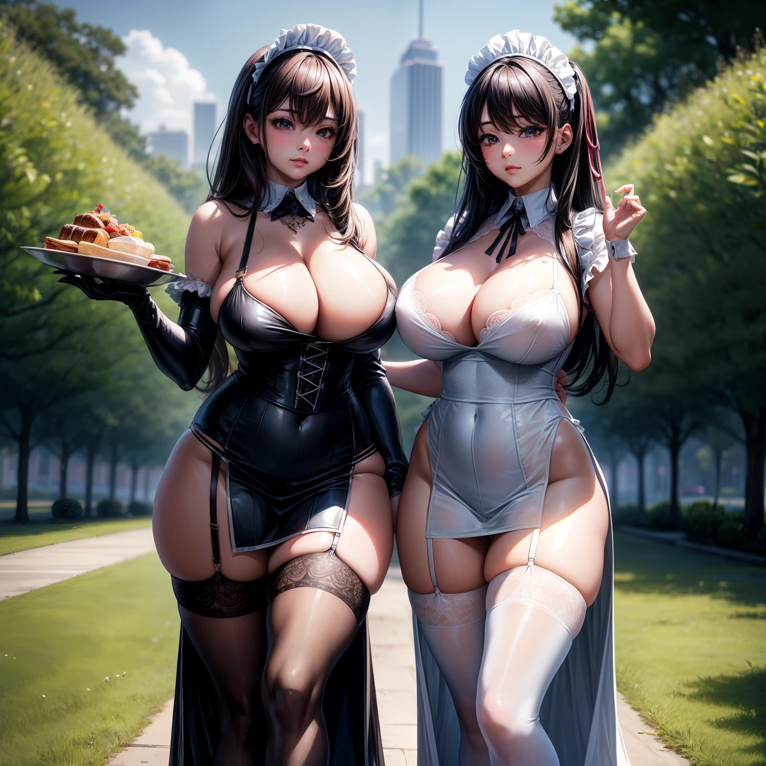 =(8K ,Hyper-detailing,Ultra photo realsisim,Best Masterpiece,naturey,Perfect artwork,Perfect female body),Two lovely busty wives ,(large tities),Walk in the park,sexy maid dress,black suspenders stockings,Large cleavage,,Stretch meat,Raised sexy