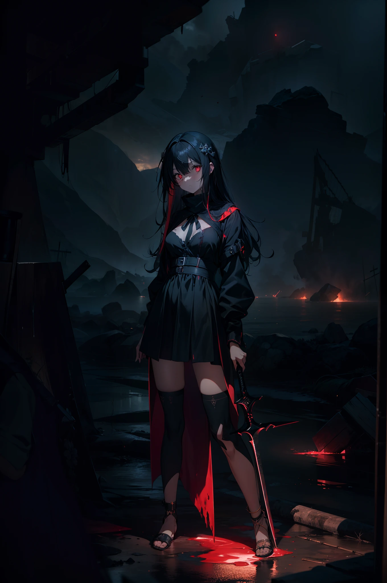 1 loli girl ,(holiding death scythe), (in blood sea), bloody body, character focus,full body , ((Faintly emerge from the darkness)), ((rape eyes)) , (serious face), black hair, long hair, ribbon , black dress, red eyes, glowing eyes , darkness, Lens Flare ,high resolution,(incredibly absurdres), (hires.fix:1.3),anime visual,extremely detailed CG unity 8k wallpaper, ((masterpiece)), ((top-quality)), (beautiful illustration), ((an extremely delicate and beautiful))