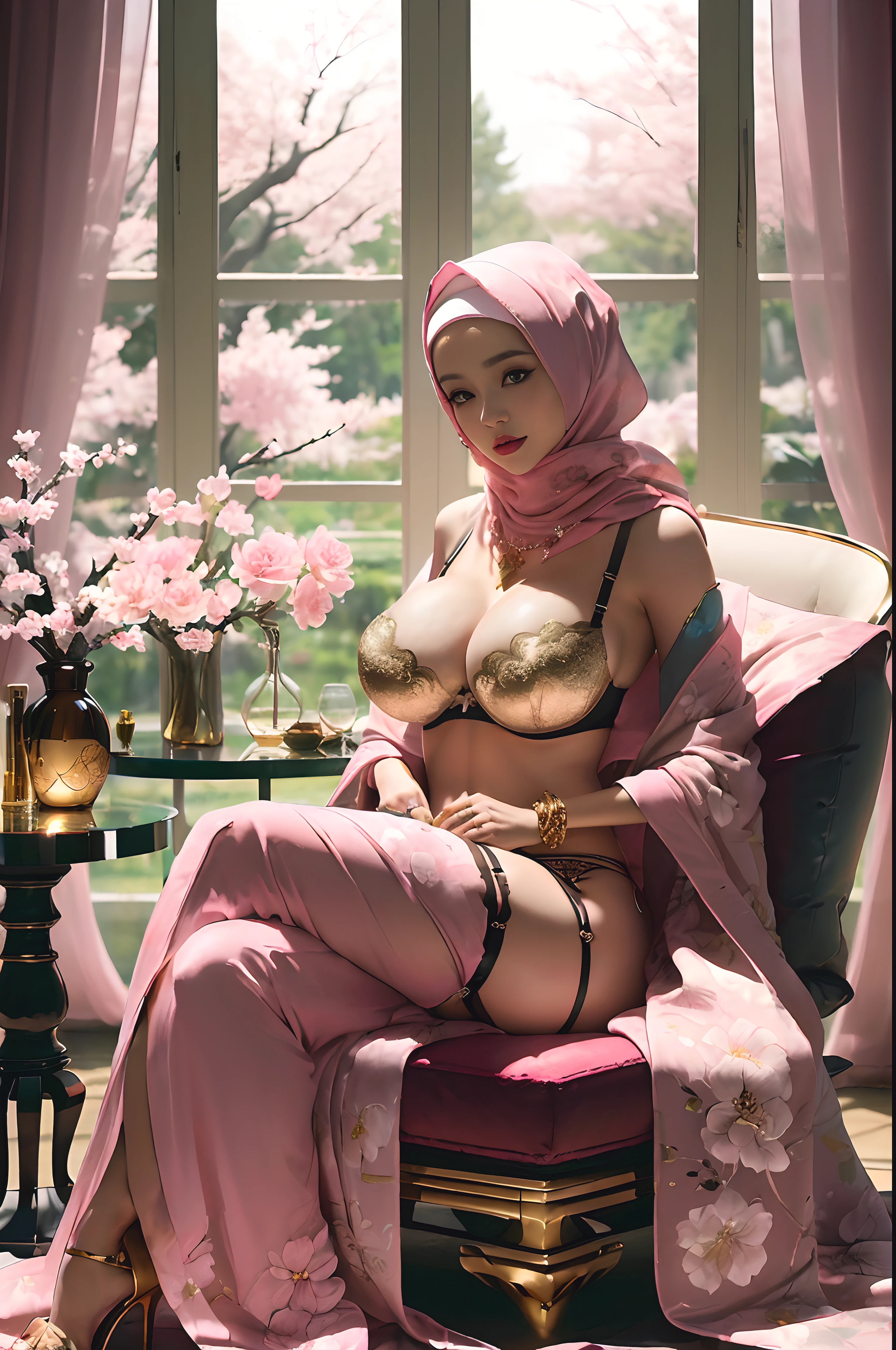 (beautifull lady with gigantic breast, wear luxury hijab, sit on luxury chair , pink sakura tree faraway, (luxury pillow), (luxury blanket), (window with luxury frame), (flower vase), (luxury small table and glass of wine), (luxury lamp), (luxury parfume bottle), (luxury wallet), (detail pink strapless bra), (detail luxury kimono), (detail luxury garter belt), (detail luxury stocking), (detail luxury high heels), (luxury crown), (show cleaveage), (show underboobs) , (show sideboobs), (show thigh), (detail underboobs ornament), (detail luxury chest ornament), (detail luxury arm ornament), (detail hips ornament), (gigantic breast:1,9), beautifull and realistic sakura tree, detail and realistic pink flower, beautifull face, beautifull eyes, beautifull nose, sexy lips, pink nails, raytracing, nsfw, beautifull fingers, beautifull hands, sexy belly, sexy body, sexy shoulders, sexy legs, sexy hips, (luxury bracelet), (luxury ring), (luxury necklace), white skin, (4 fingers in 1 hand), full body picture, pretty makeup, good lighting, realistic shadow, professional photography, pink and gold color scheme, 4k resolution, beautifull painting