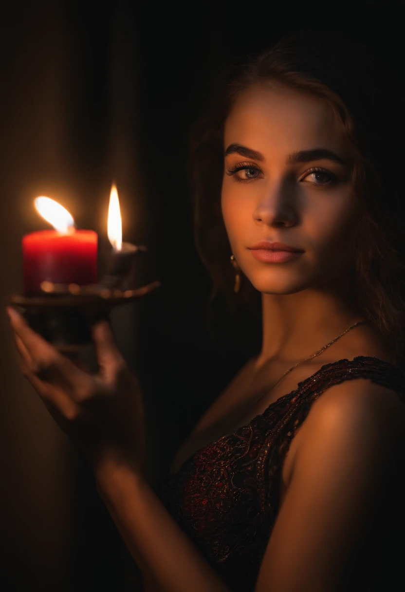 a beautiful cordobesian, andalucia woman, chiquita la piconera cuadro detailed face and body, sensual expression, photographing a perfume, lubin akkab, hyperrealistic studio, dramatic lighting, high quality professional photography, elegant, sophisticated, cinematic, moody colors, dark and warm tones, chiaroscuro, dramatic shadows, glass, metal, beautiful details, depth of field, bokeh