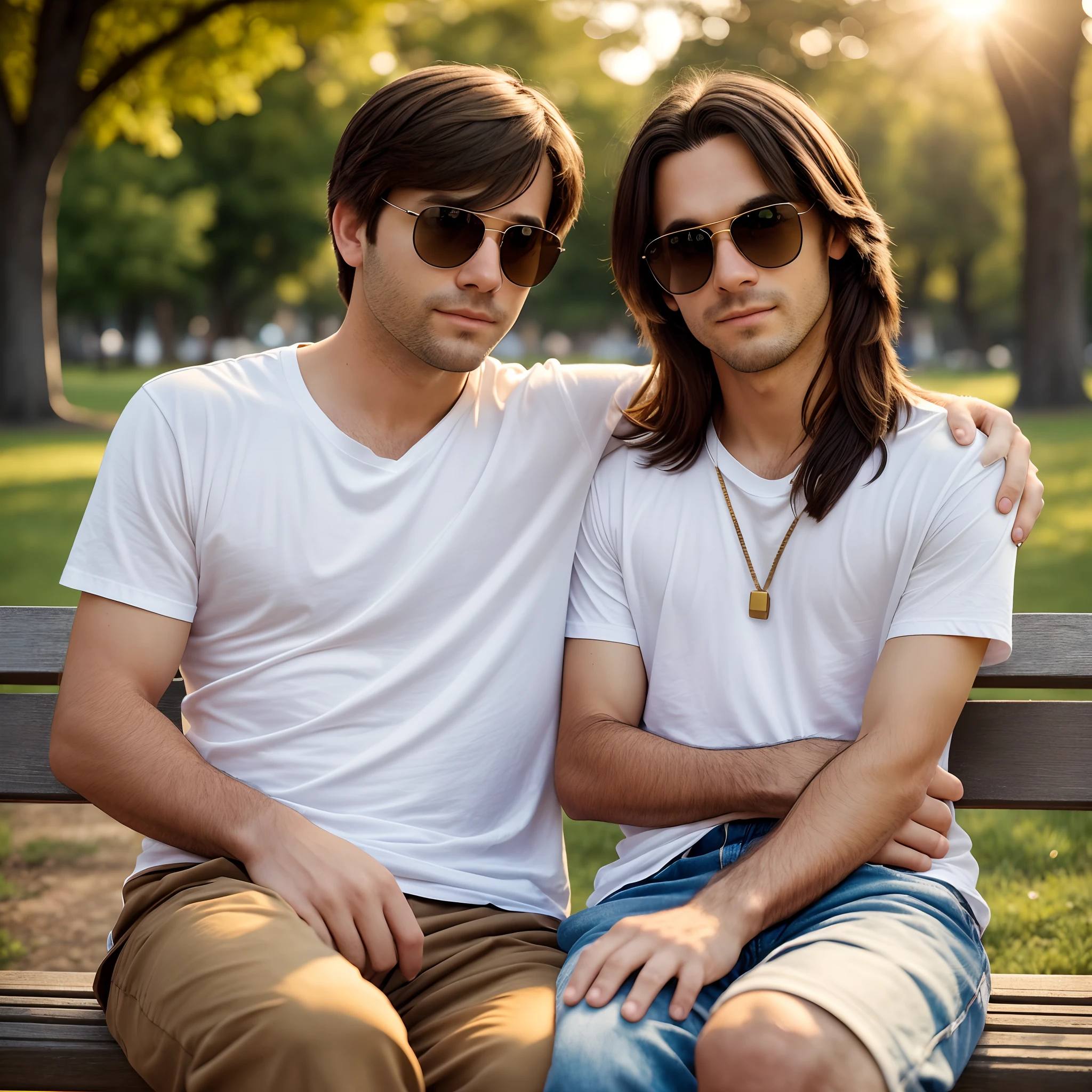 "A photorealistic portrait of two men the first a 40 year old American man with brown hair wearing sunglasses. Wearing a white t-shirt. He should have a natural and approachable expression and be illuminated by the soft golden hour sunlight. the second a teenager in 17 years old, black hair, wearing a black t-shirt, he must have a worried expression and be illuminated by the soft sunlight of the golden hour. The two must be sitting on a park bench facing the scene. The background must be a picturesque outdoor scene free, with trees and other people around you. Capture this image with a high-resolution photograph using an 85mm lens for a flattering perspective." --auto --s2