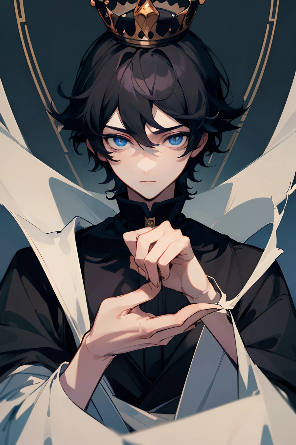 masterpiece, high quality, ultra detailed, detailed eyes, high quality hands, anime man, he is a prince with a crown, castle, black crown, short black hair, blue eyes, gothic clothes, black clothes, handsome, stoic