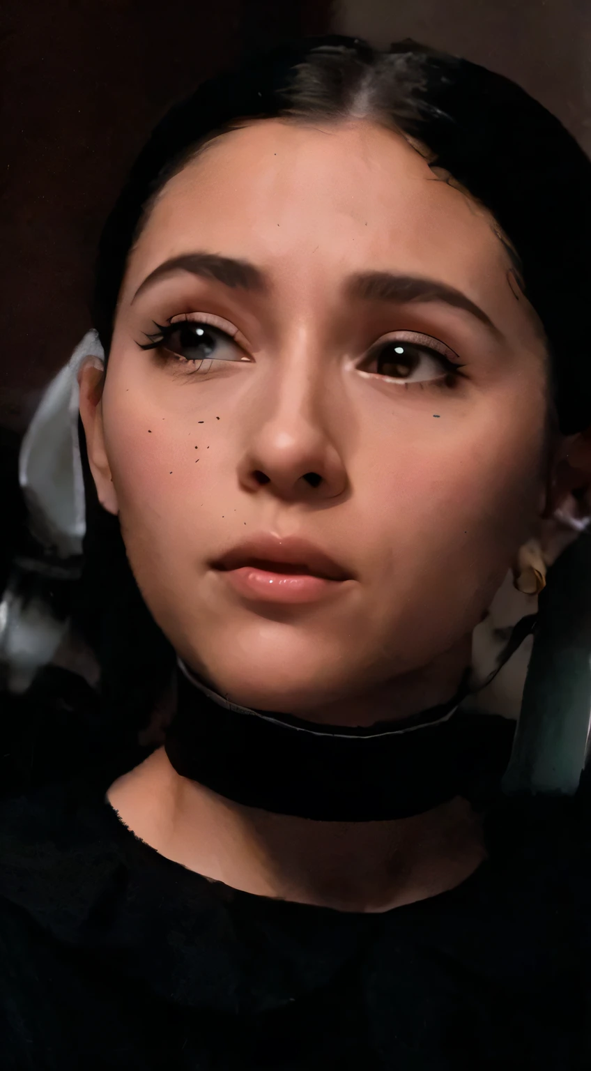 There's a young woman with a black shirt and a cell phone, Quarta-feira Addams, movie still of the alien girl, como quarta-feira addams, spy kids juni cortez, Ainda de Alita, Screencap do filme, amelie poulain, captura de tela de um filme, VHS ScreenCap, filme retrato em close-up ainda, tiradas em meados dos anos 2000
