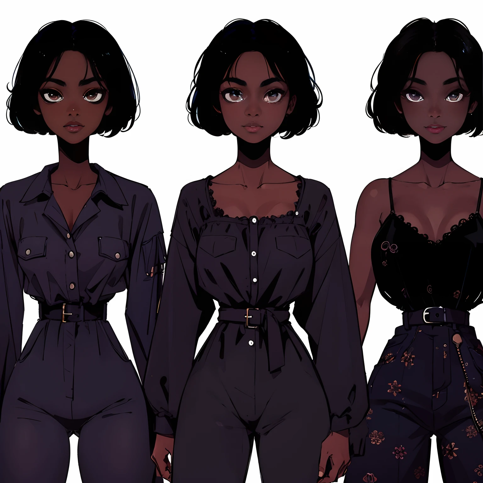 (best quality:1.1),original,1girl,chic,trendy,short afro hair, dark skin, makeup, 1970's, blue hair, brown eyes, anime style, niji