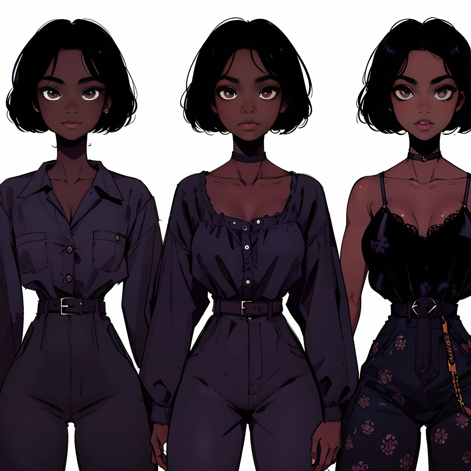 (best quality:1.1),original,1girl,chic,trendy,short afro hair, dark skin, makeup, 1970's, blue hair, brown eyes, anime style, niji