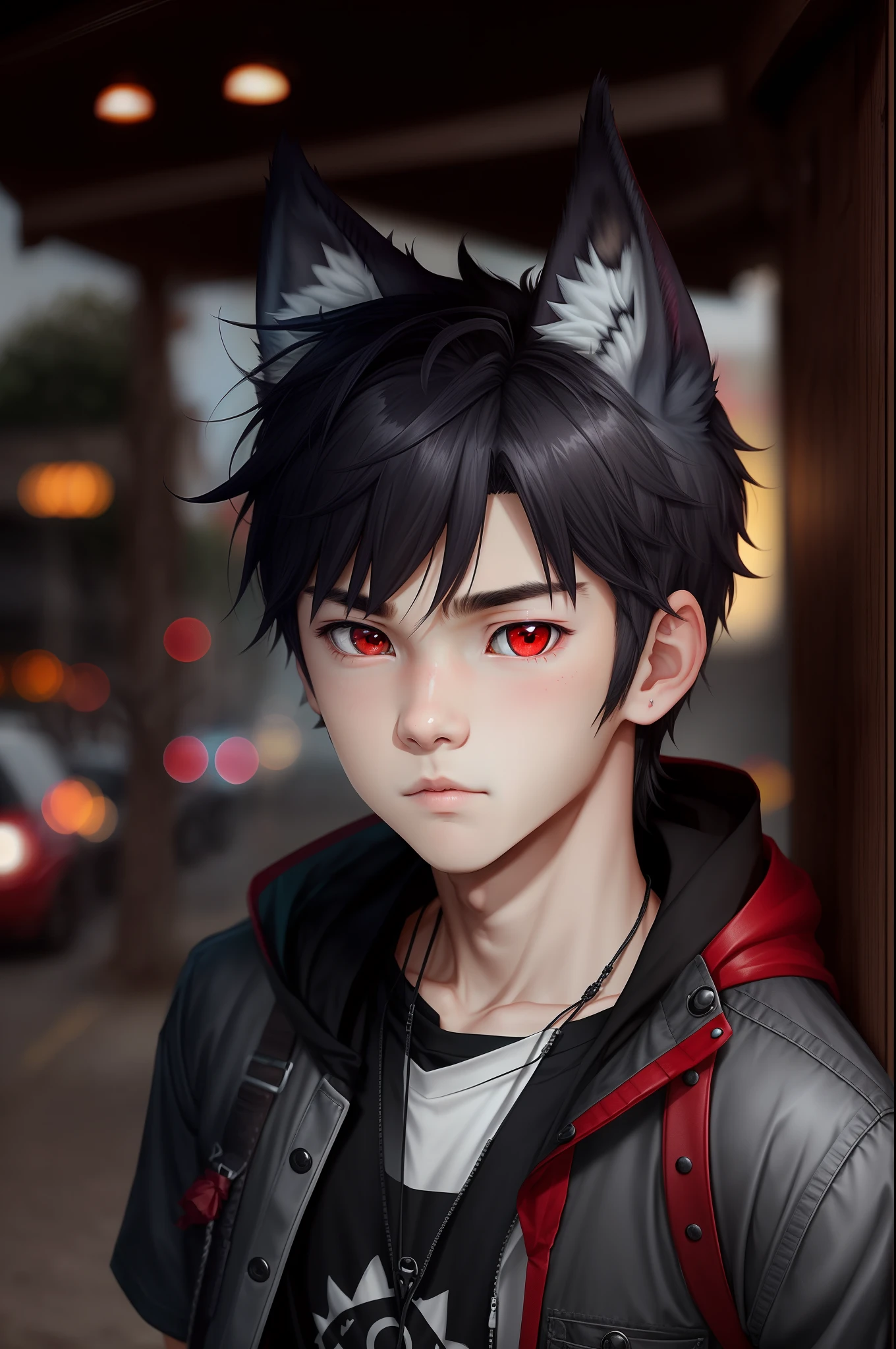 Cute 15-year-old boy with red eyes with wolf ears
Personality is tsundere
